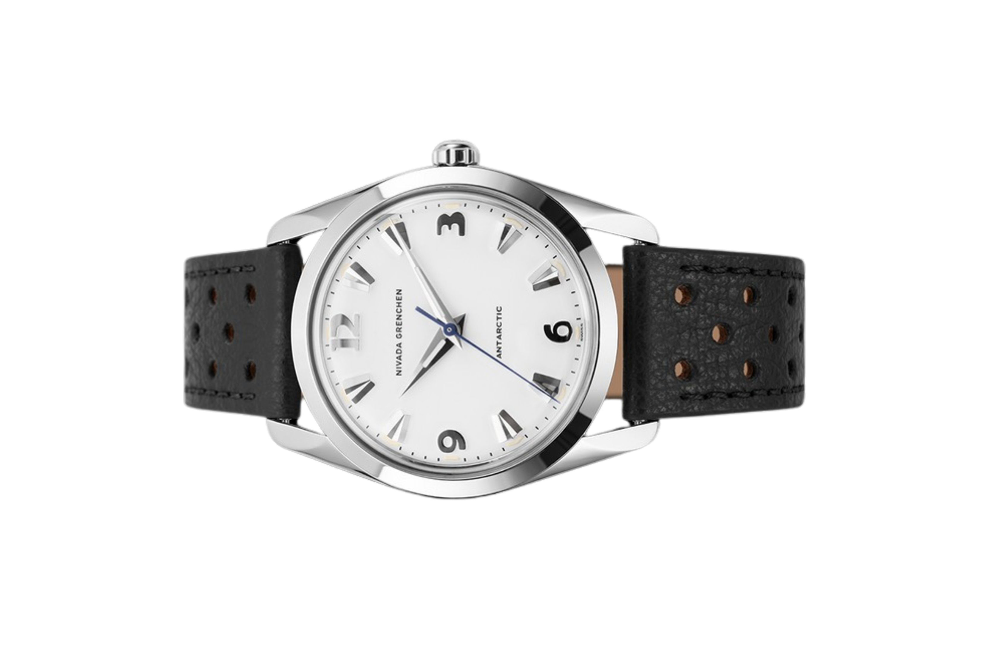 Đồng hồ đeo tay thương hiệu Nivada Grenchen, dòng sản phẩm Antarctic, Ref number: 35005M, mặt số trắng Matt, size 35mm, máy lên cót tay, vỏ bằng thép không gỉ 316L, dây da bò, mới 100%