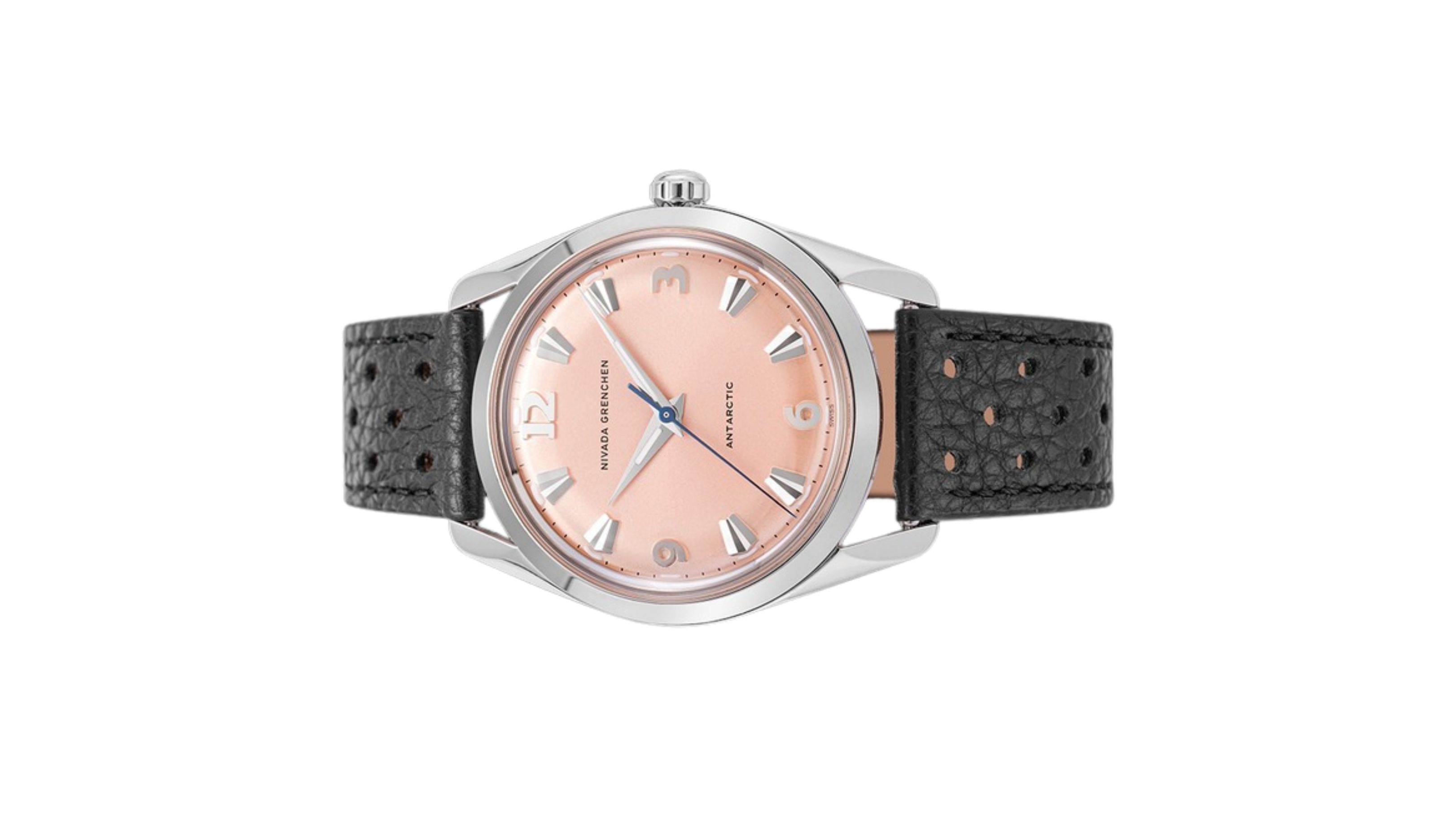 Đồng hồ đeo tay thương hiệu Nivada Grenchen, dòng sản phẩm Antarctic, Ref number: 35018M, mặt số Sunray chải tia cá hồi, size 35mm, máy lên cót tay, vỏ bằng thép không gỉ 316, dây da bò, mới 100%