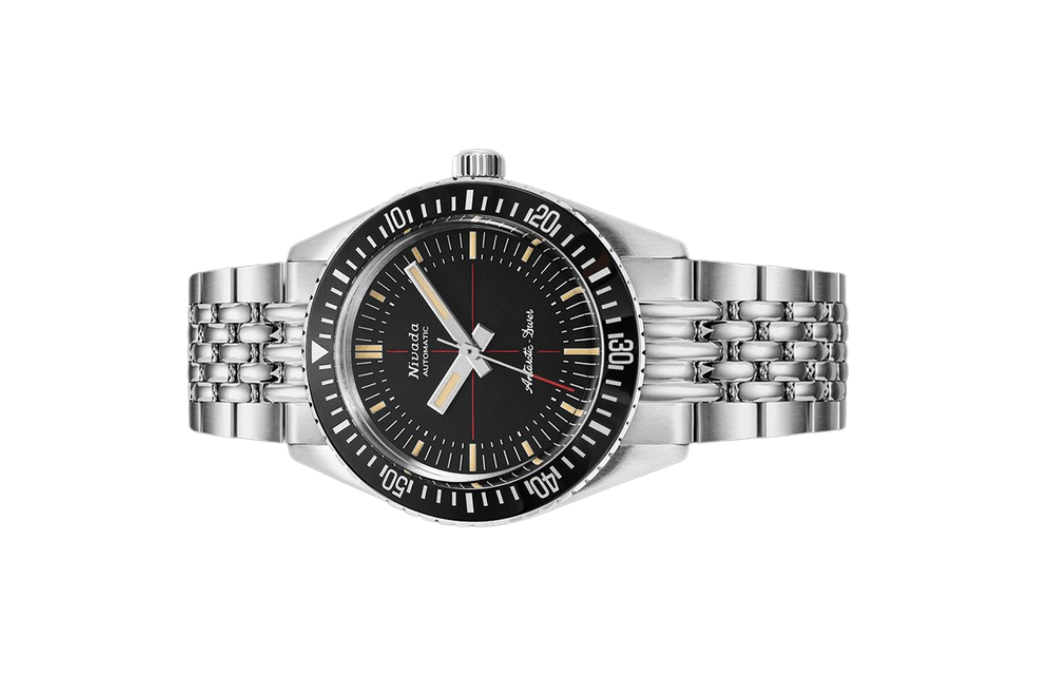 Đồng hồ đeo tay thương hiệu Nivada Grenchen, dòng sản phẩm Antarctic Diver, Ref num 32044A, mặt số họa tiết đen, size 38mm, máy tự động, vỏ và dây đồng hồ bằng thép không gỉ 316L, mới 100%