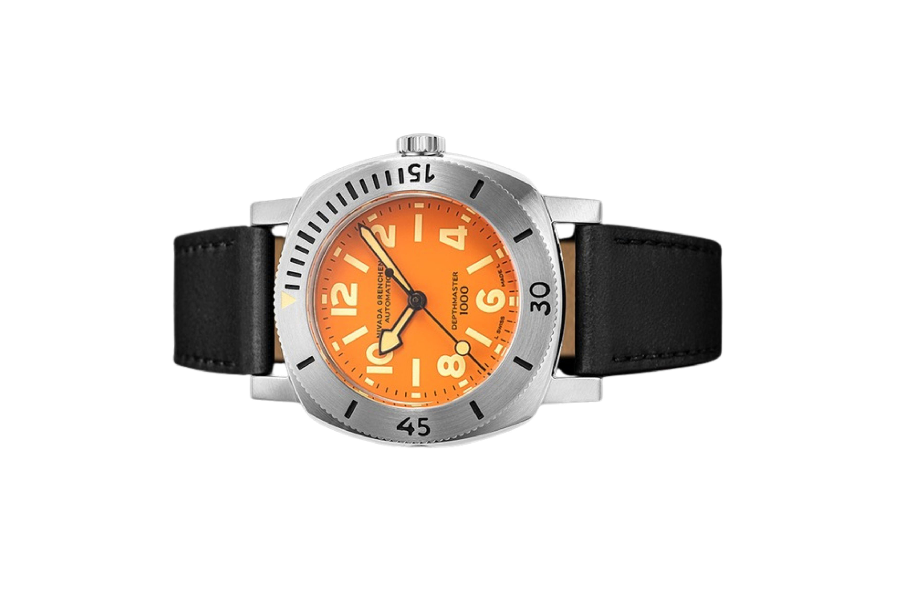 Đồng hồ đeo tay thương hiệu Nivada Grenchen, dòng sản phẩm Depthmaster, Ref number: 14127A, mặt số màu cam, size 39mm, máy tự động, vỏ thép không gỉ 316, dây da bò, mới 100%