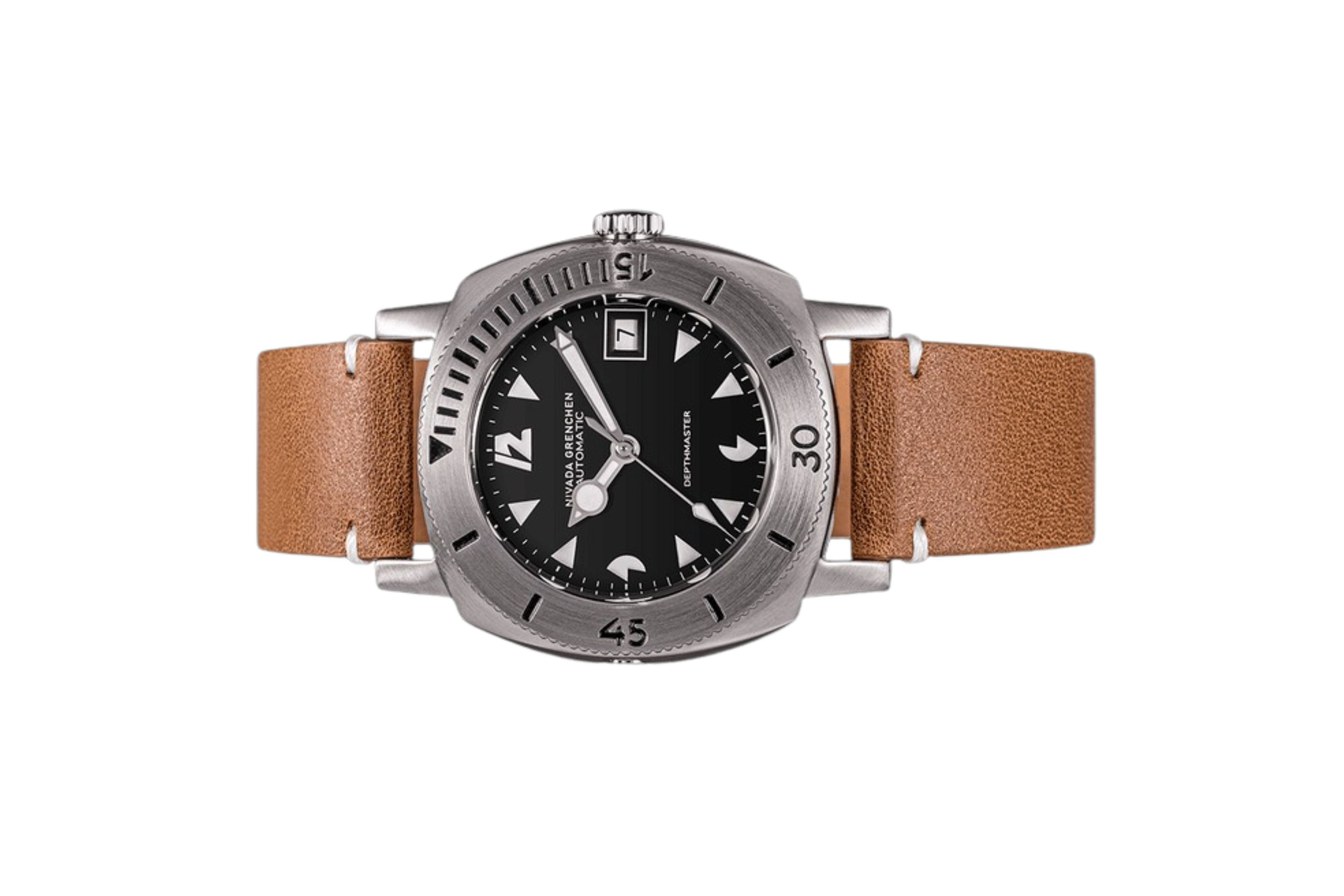 Đồng hồ đeo tay thương hiệu Nivada Grenchen, dòng sản phẩm Depthmaster - Pacman, Ref number: 14104A, mặt số đen, size 39mm, máy tự động, vỏ thép không gỉ 316, dây da bò, mới 100%