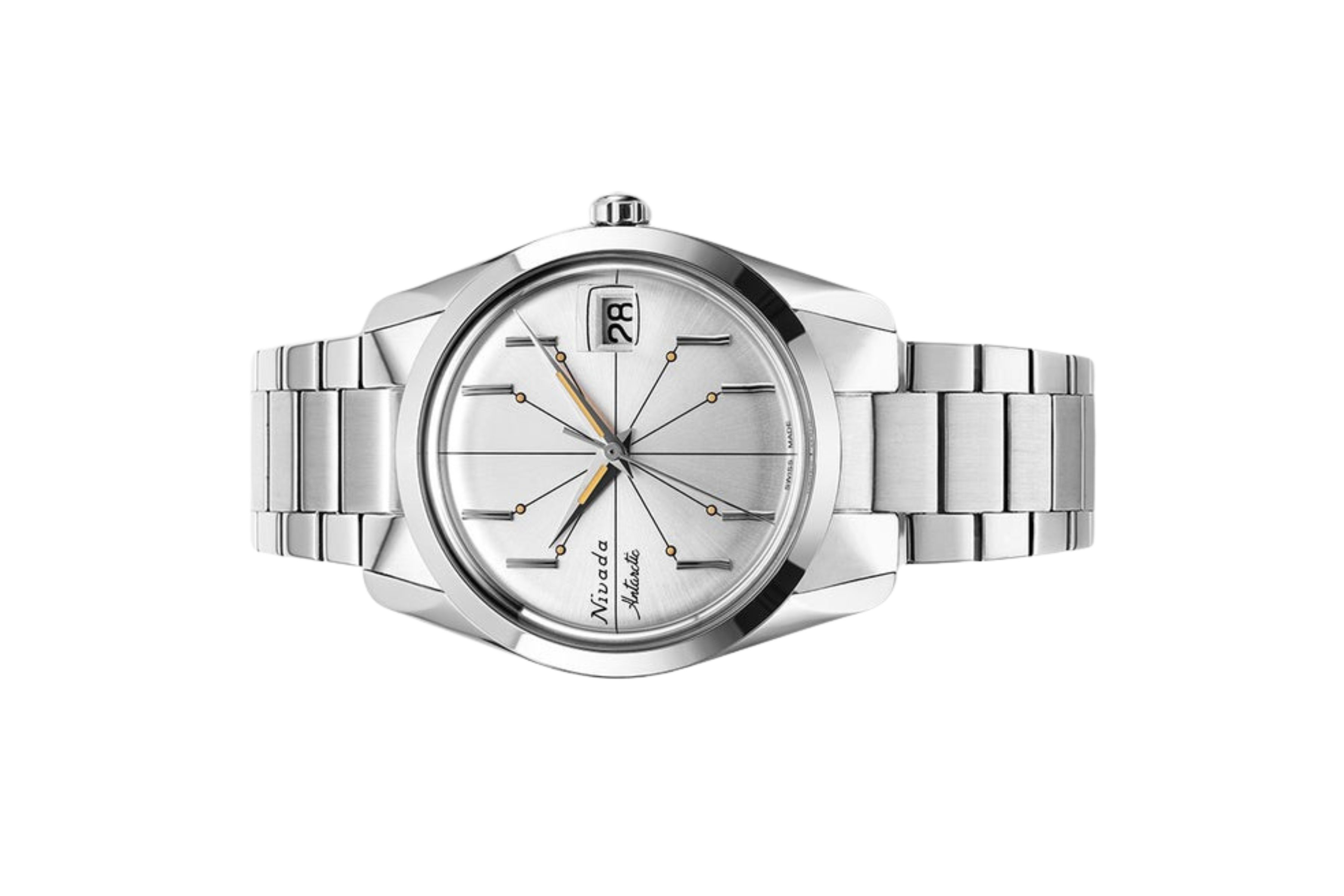 Đồng hồ đeo tay thương hiệu Nivada Grenchen, dòng sản phẩm Antarctic Spider, Ref num 35012M, mặt số bạc, size 35mm, máy lên cót tay, vỏ và dây đồng hồ bằng thép không gỉ 316L, mới 100%