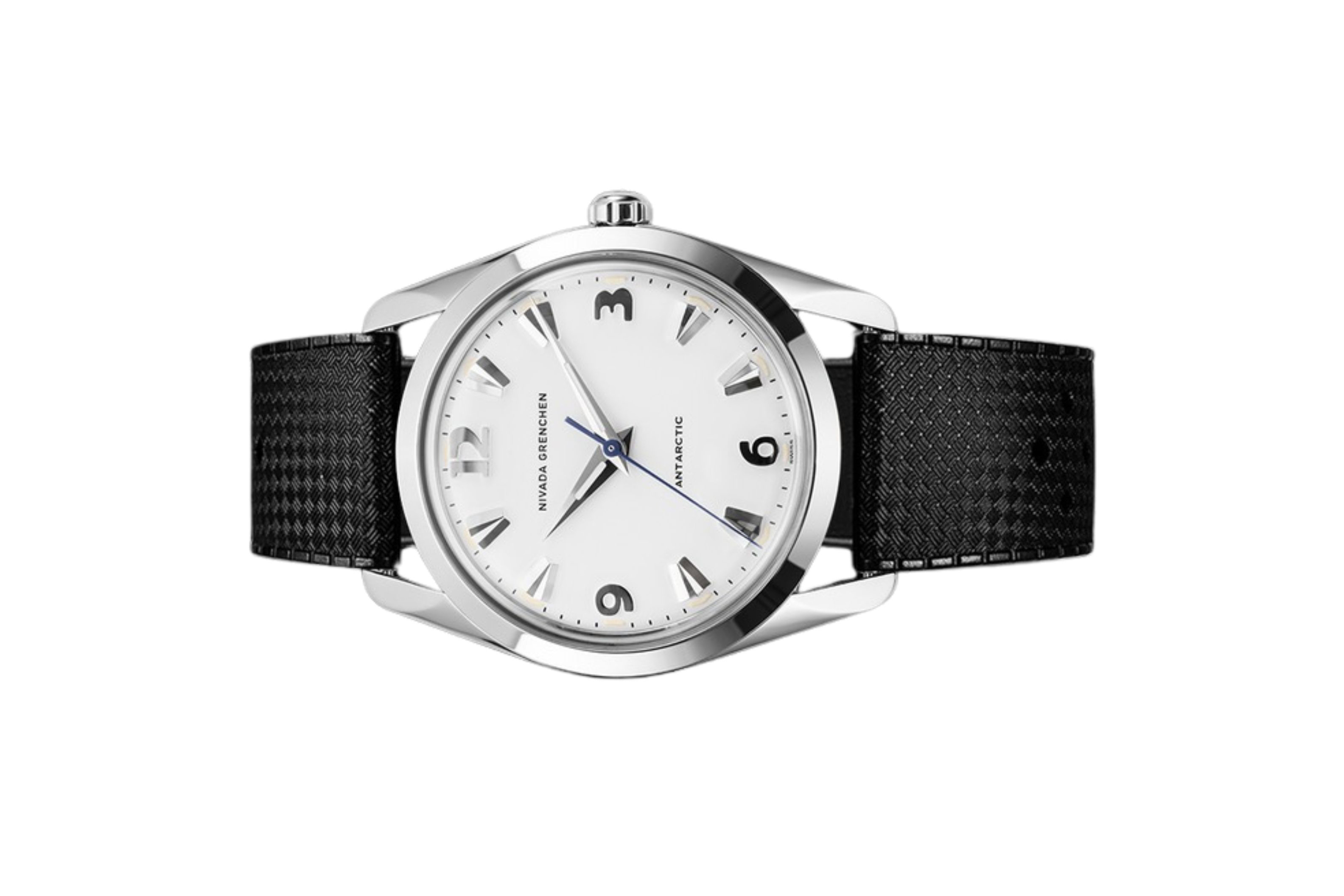 Đồng hồ đeo tay thương hiệu Nivada Grenchen, dòng sản phẩm Antarctic, Ref number: 35005M, mặt số trắng Matt, size 35mm, máy lên cót tay, vỏ bằng thép không gỉ 316L, dây da bò, mới 100%
