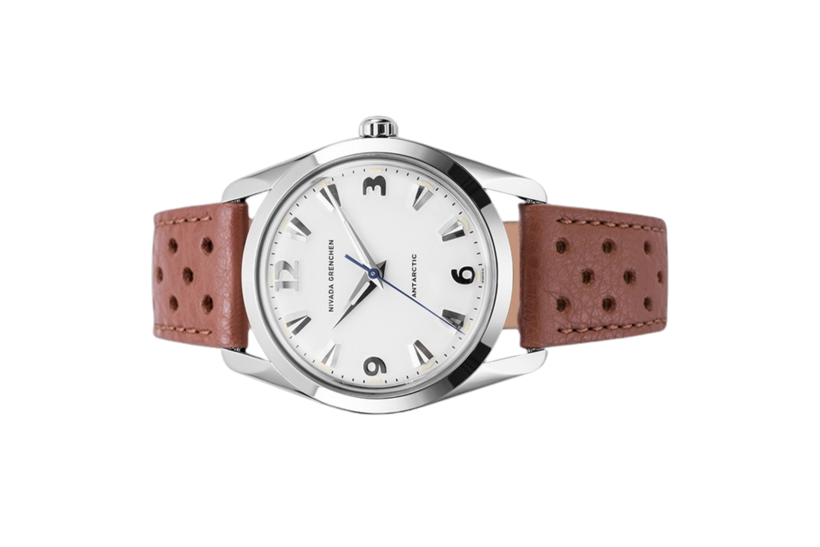 Đồng hồ đeo tay thương hiệu Nivada Grenchen, dòng sản phẩm Antarctic, Ref number: 35005M, mặt số trắng Matt, size 35mm, máy lên cót tay, vỏ bằng thép không gỉ 316L, dây da bò, mới 100%
