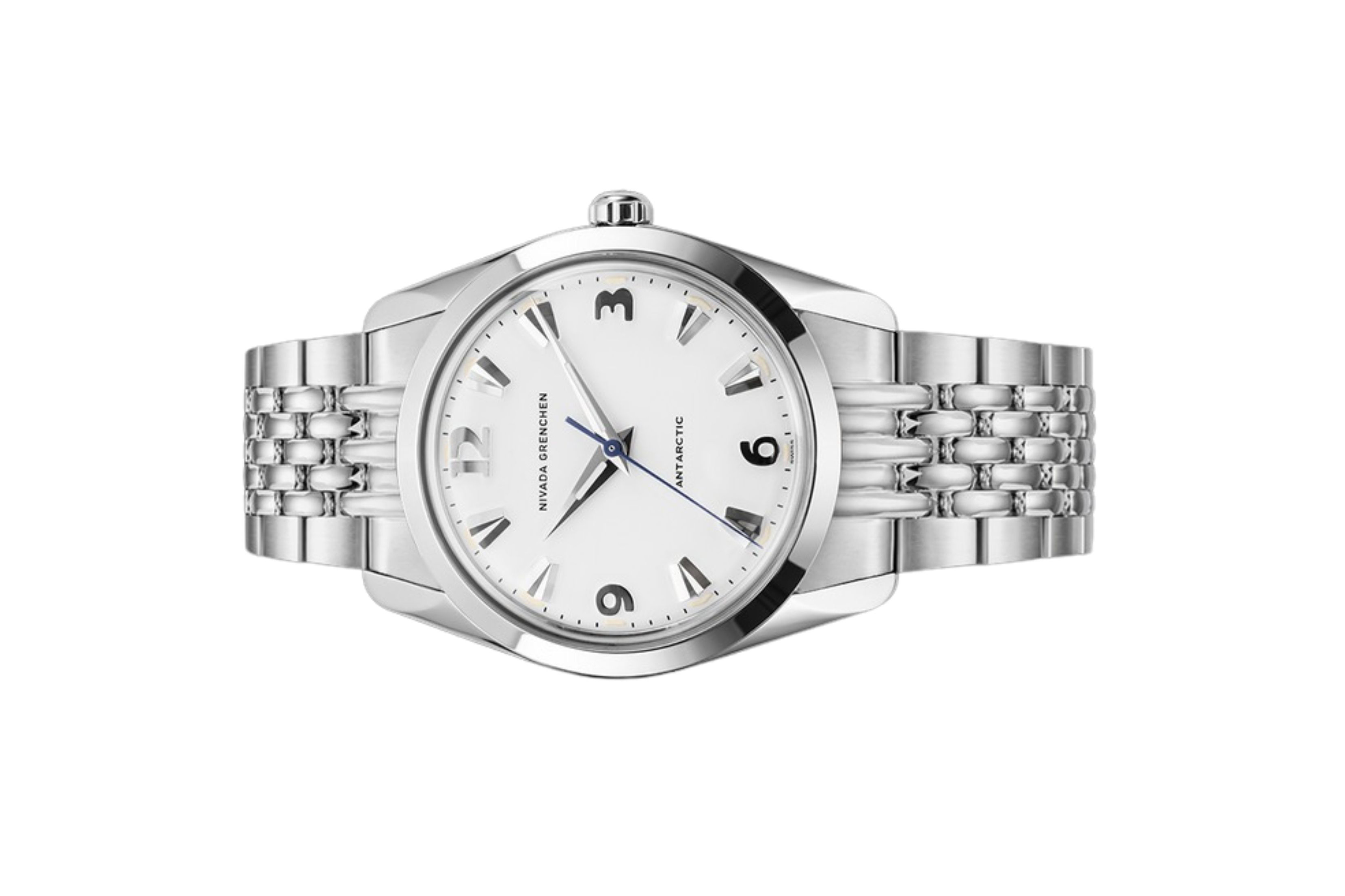 Đồng hồ đeo tay thương hiệu Nivada Grenchen, dòng sản phẩm Antarctic, Ref number: 35005M, mặt số trắng Matt, size 35mm, máy lên cót tay, vỏ và dây đồng hồ bằng thép không gỉ 316L, mới 100%