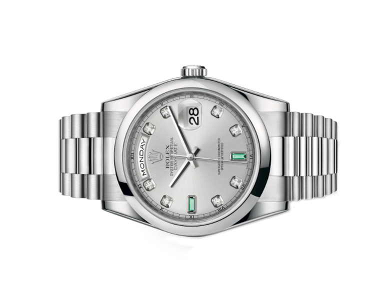 Đồng Hồ Rolex Day Date 36 118206 Mặt Số Rhodium Nạm Kim Cương Và Ngọc Lục Bảo