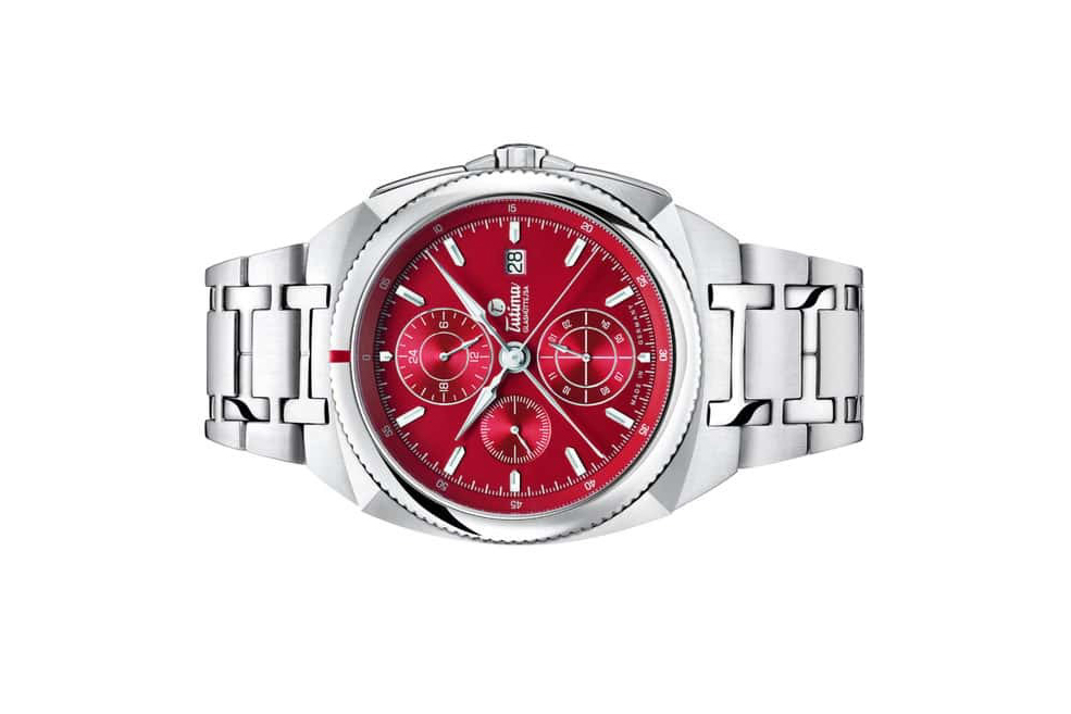 Đồng hồ đeo tay thương hiệu Tutima, dòng sản phẩm Saxon One, Ref no: 6420-07, mặt số đỏ Racing, size 43mm, máy tự động, vỏ và dây đồng hồ bằng thép không gỉ, hàng mới 100%