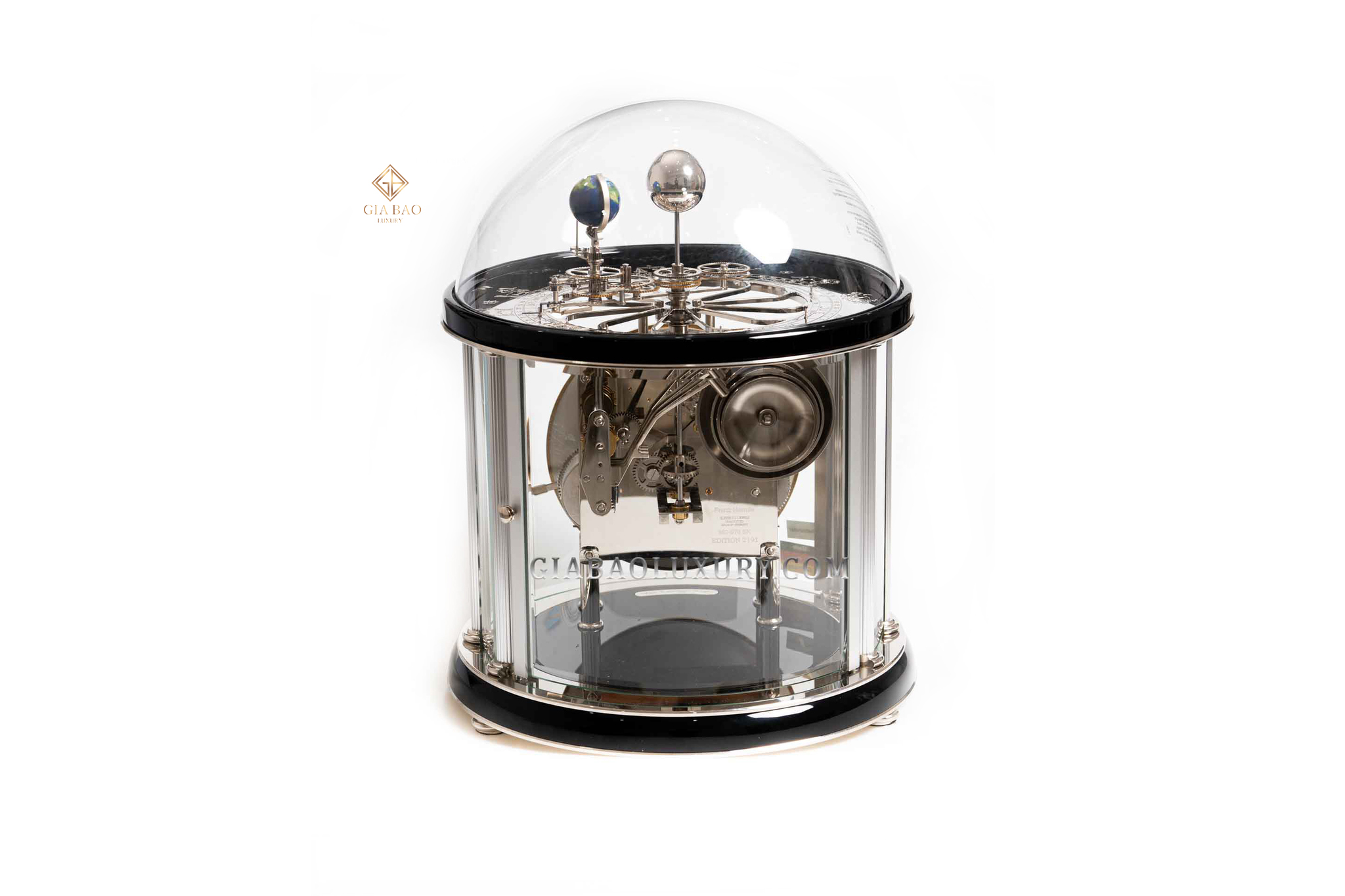 Đồng hồ dây cót để bàn Hermle Tellurium II (Nickel Plated in a Black Finish with a Mechanical 8 day westminster Chiming Movement). Item no: 22823740352. HSX: Hermle. Hàng mới 100%