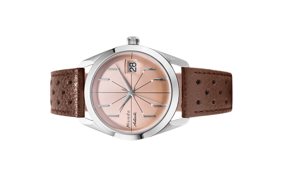 Đồng hồ đeo tay thương hiệu Nivada Grenchen, dòng sản phẩm Antarctic Spider, Ref num 32042A, mặt số hồng cam, size 38mm, máy tự động, vỏ bằng thép không gỉ 316L, dây da bò, mới 100%