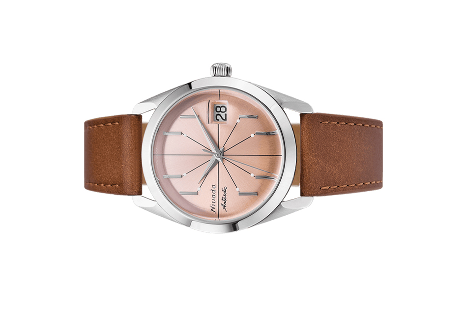Đồng hồ đeo tay thương hiệu Nivada Grenchen, dòng sản phẩm Antarctic Spider, Ref num 32042A, mặt số hồng cam, size 38mm, máy tự động, vỏ bằng thép không gỉ 316L, dây da bò, mới 100%