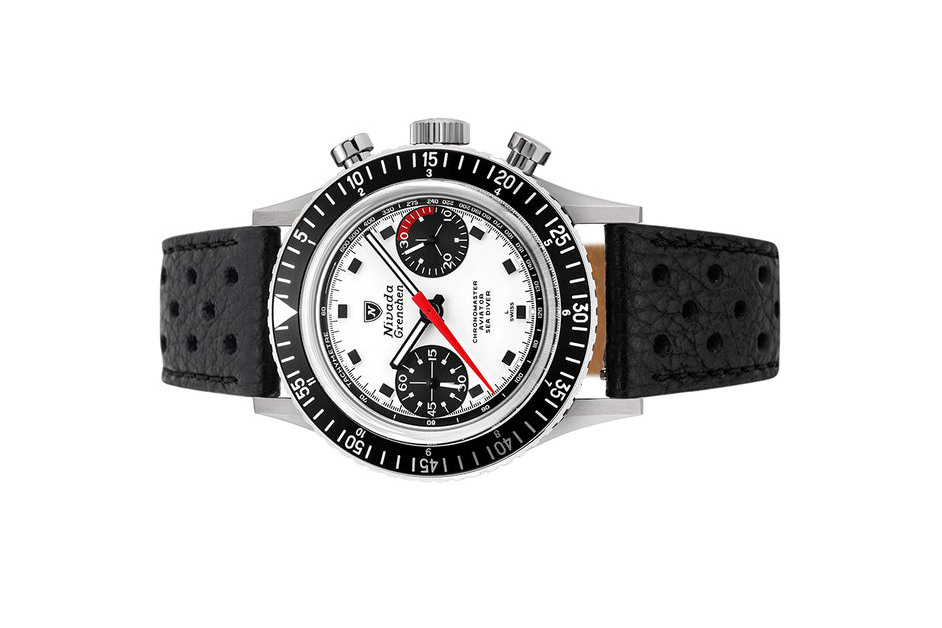 Đồng hồ đeo tay thương hiệu Nivada Grenchen, dòng sản phẩm Chronomaster Singer, Ref number: 86054M, mặt số màu trắng, size 38mm, lên dây cót bằng tay, dây da bò, vỏ thép không gỉ, mới 100%