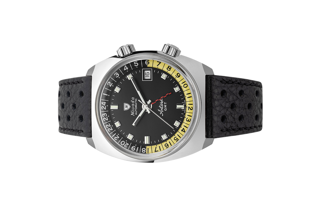 Đồng hồ đeo tay thương hiệu Nivada Grenchen, dòng sản phẩm Antarctic GMT, Ref num 32043A, mặt số đen, size 36mm, máy tự động, vỏ bằng thép không gỉ 316L, dây da bò, mới 100%