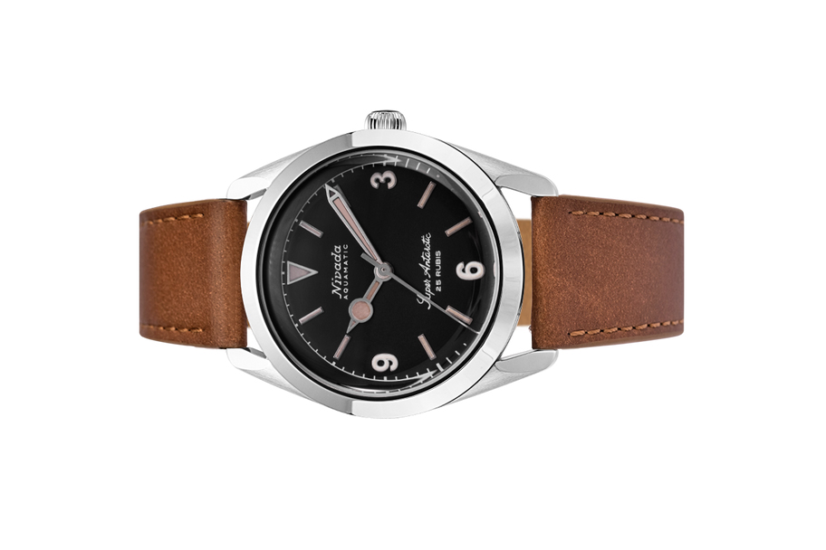 Đồng hồ đeo tay thương hiệu Nivada Grenchen, dòng sản phẩm Super Antarctic 3.6.9, Ref num 32032A, mặt số đen mờ, size 38mm, máy tự động, vỏ bằng thép không gỉ 316L, dây da bò, mới 100%