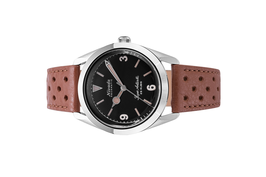 Đồng hồ đeo tay thương hiệu Nivada Grenchen, dòng sản phẩm Super Antarctic 3.6.9, Ref num 32032A, mặt số đen mờ, size 38mm, máy tự động, vỏ bằng thép không gỉ 316L, dây da bò, mới 100%