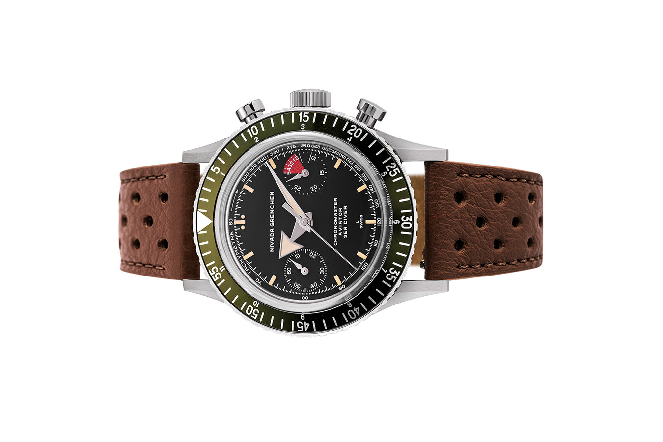 Đồng hồ đeo tay thương hiệu Nivada Grenchen, dòng sản phẩm Chronomaster Broad Arrow, Ref no: 86056M, mặt số màu đen, size 38mm, lên dây cót bằng tay, dây da, vỏ thép không gỉ 316, mới 100%