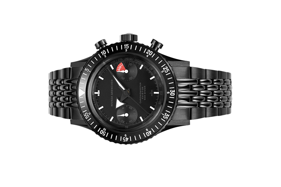 Đồng hồ đeo tay thương hiệu Nivada Grenchen, dòng sản phẩm Chronomaster, Ref no: 85015A, mặt số màu đen, size 38mm, máy tự động, vỏ và dây đồng hồ bằng thép không gỉ phủ đen, mới 100%