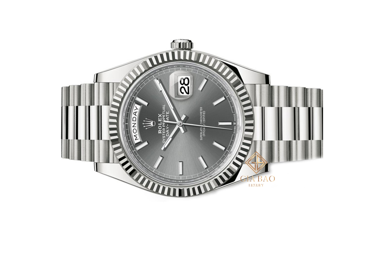 Đồng Hồ Rolex Day-Date 40 228239 Mặt Số Xám Cọc Số Dạ Quang Dây Đeo President