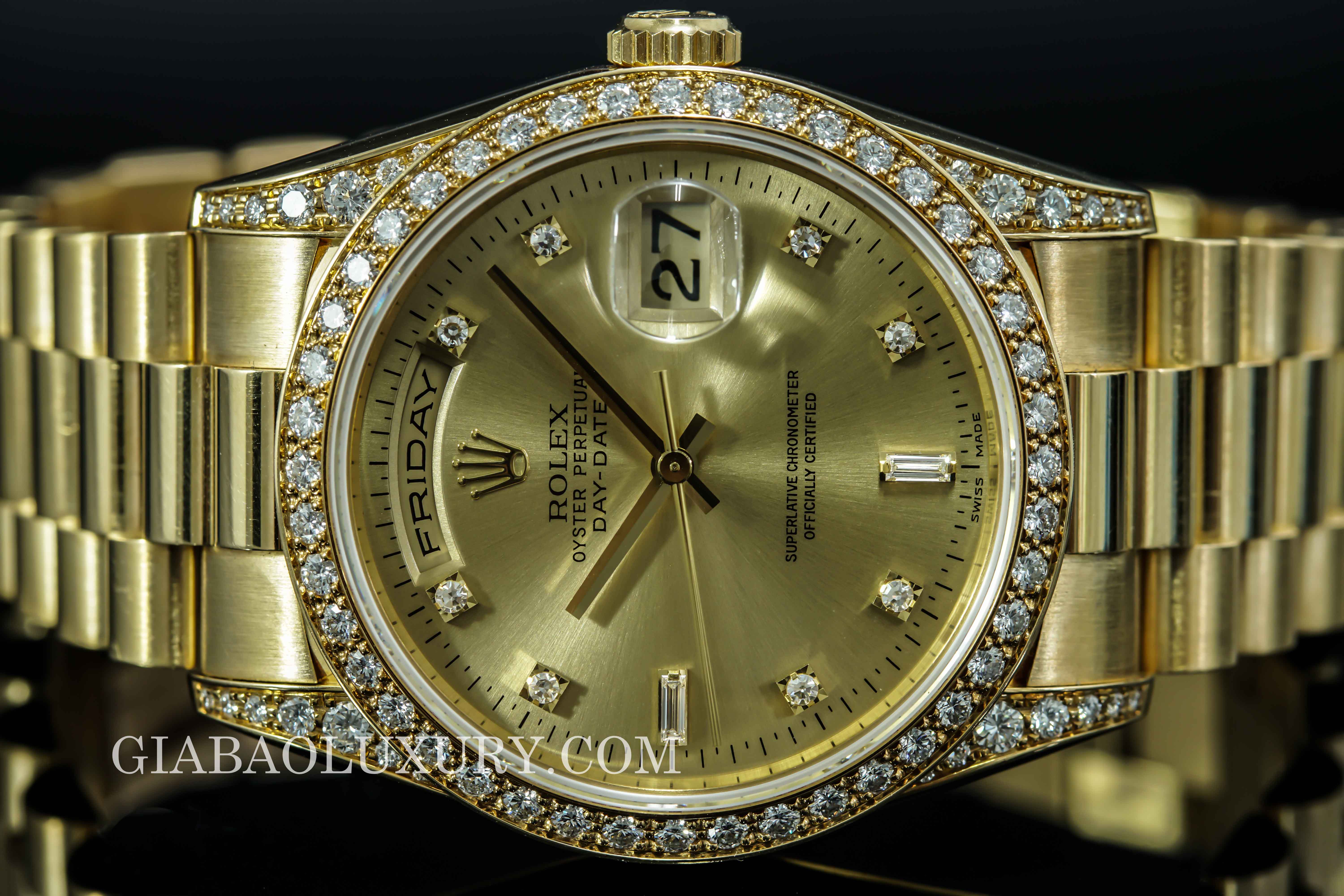Đồng Hồ Rolex Day-Date 36 18388 Mặt Số Champagne Nạm Kim Cương