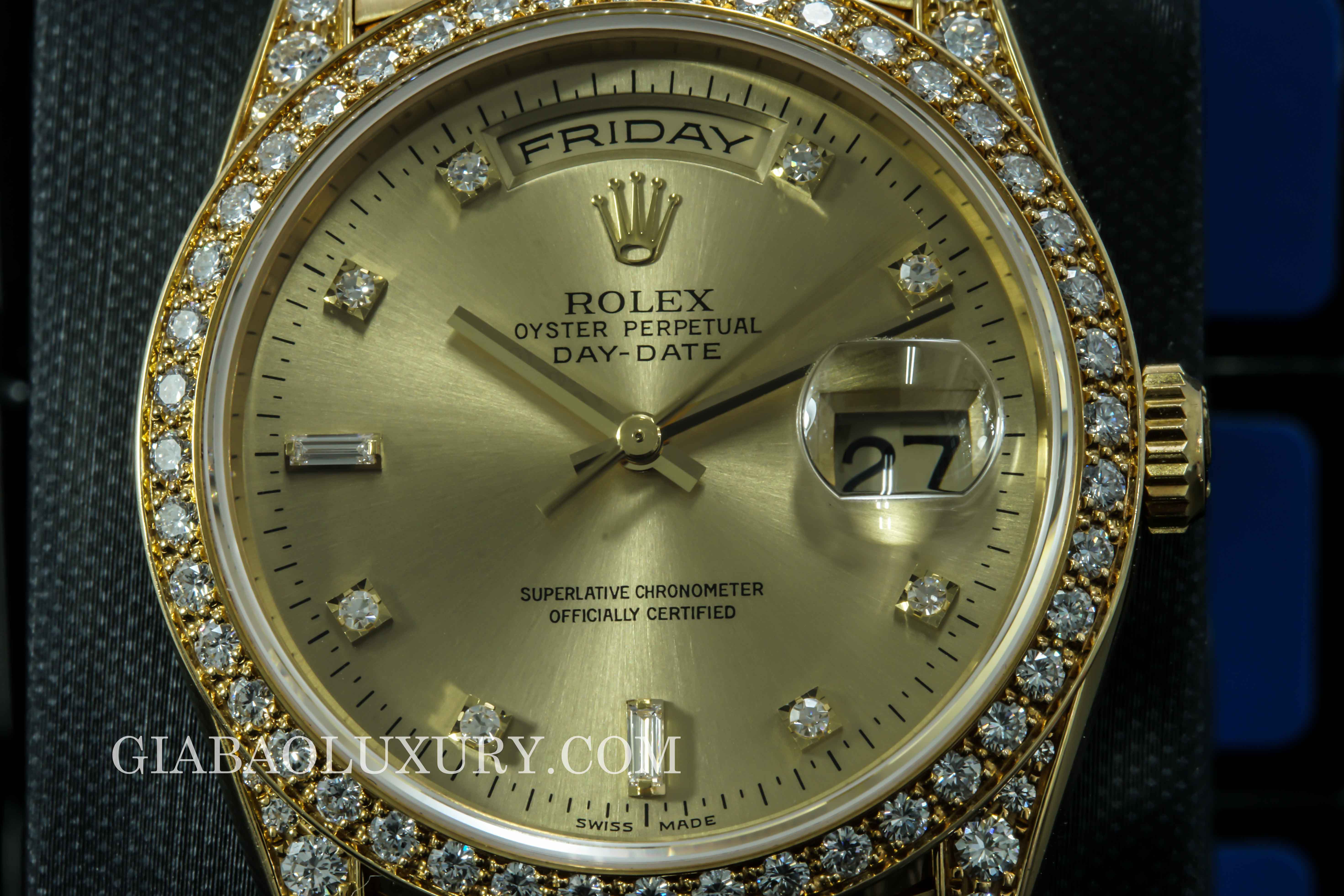 Đồng Hồ Rolex Day-Date 36 18388 Mặt Số Champagne Nạm Kim Cương