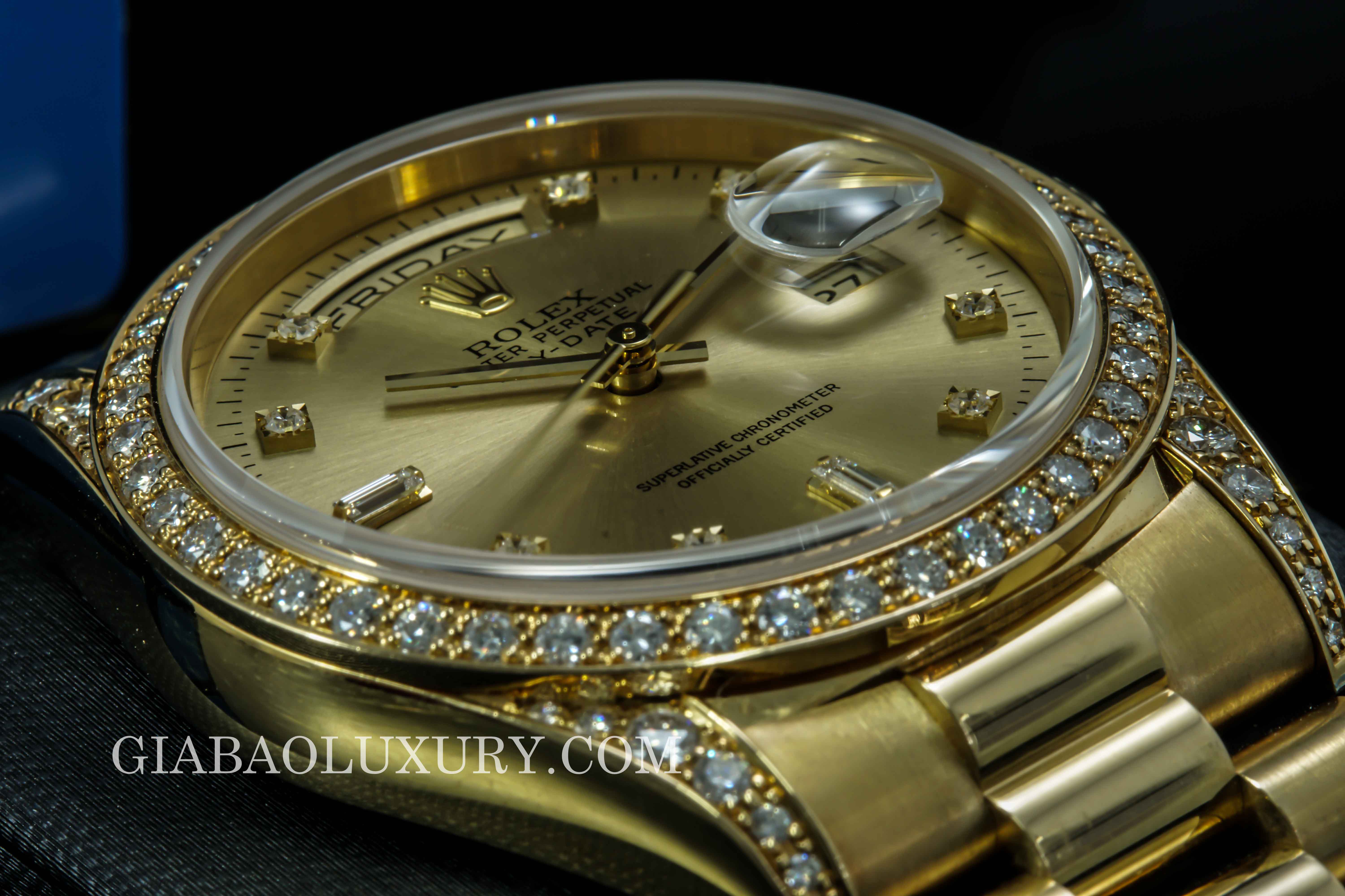 Đồng Hồ Rolex Day-Date 36 18388 Mặt Số Champagne Nạm Kim Cương