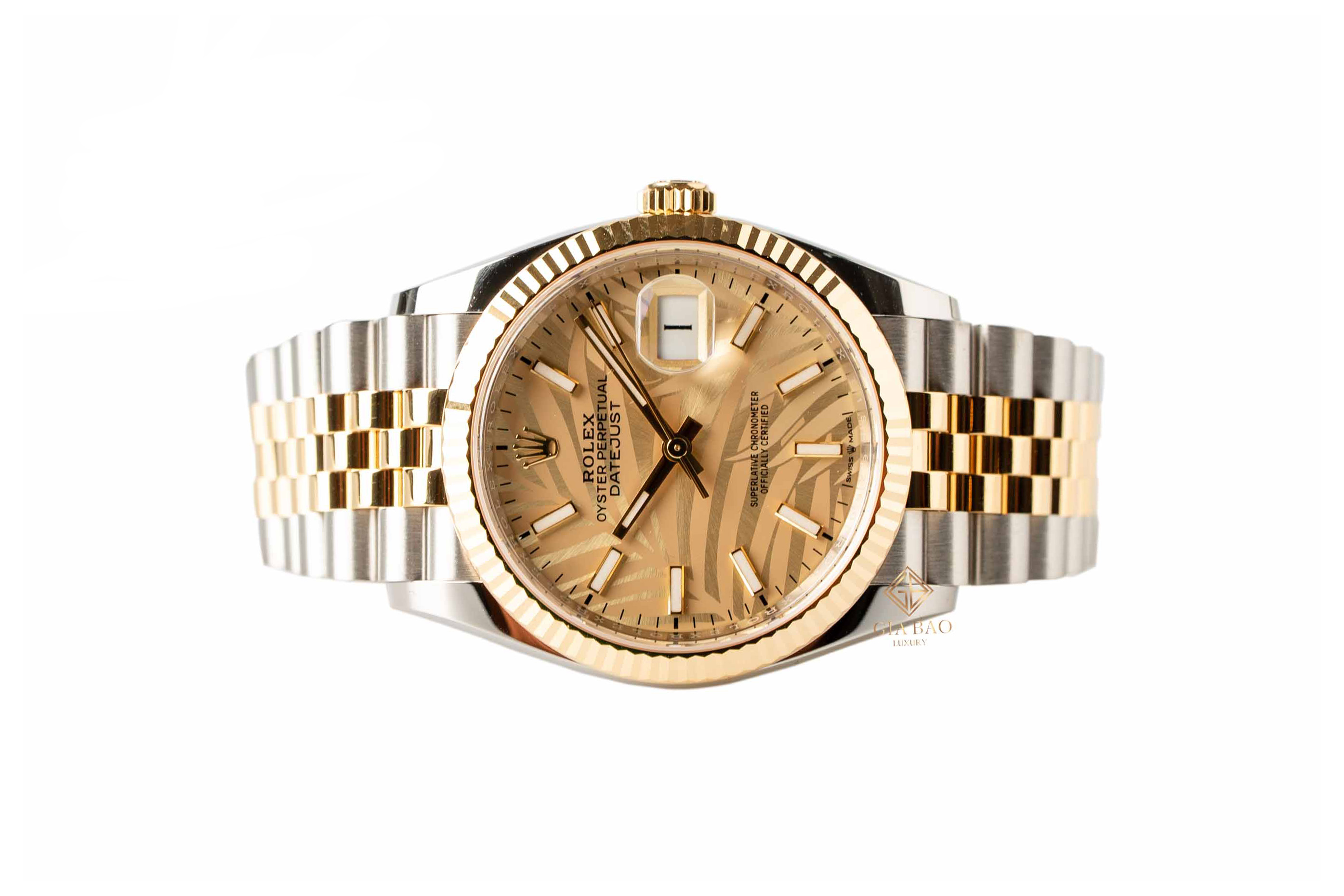 Đồng Hồ Rolex Datejust 36 126233 Mặt Số Cây Lá Nhiệt Đới Vàng Champagne Cọc Số Dạ Quang
