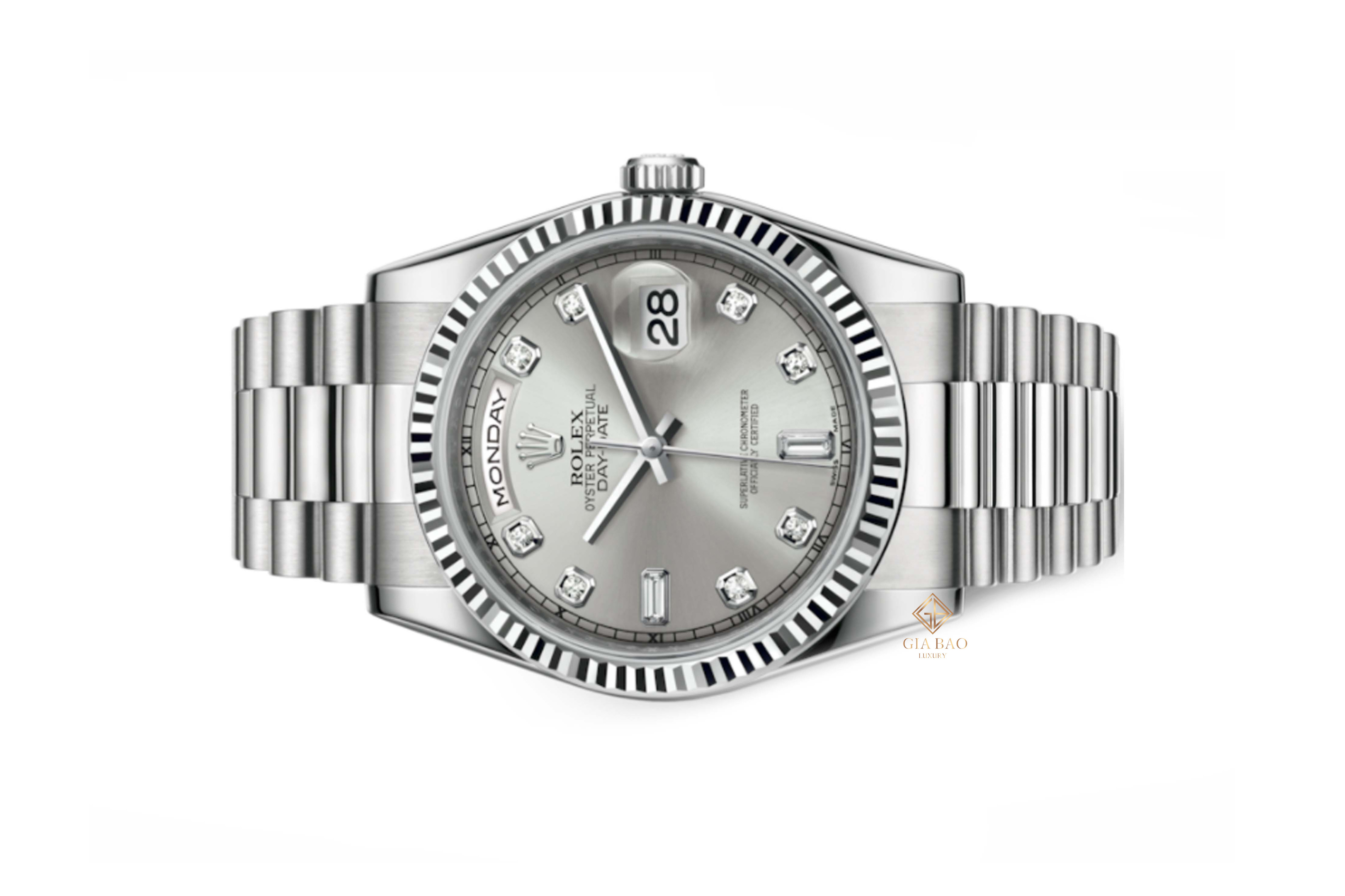 Đồng Hồ Rolex Day Date 36 118239 Mặt Số Bạc Nạm Kim Cương