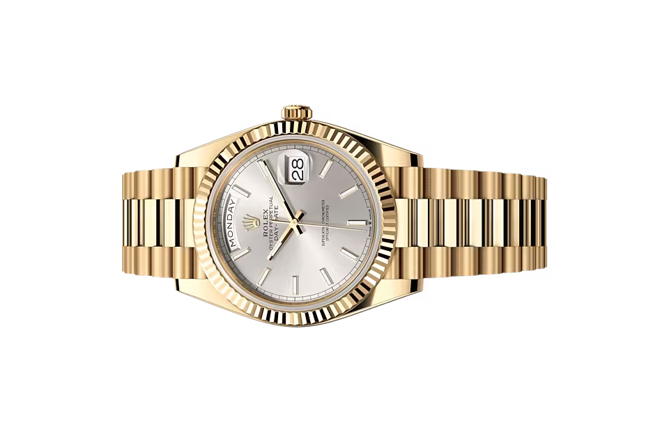 Đồng Hồ Rolex Day-Date 40 228238 Mặt Số Bạc Cọc Số Dạ Quang