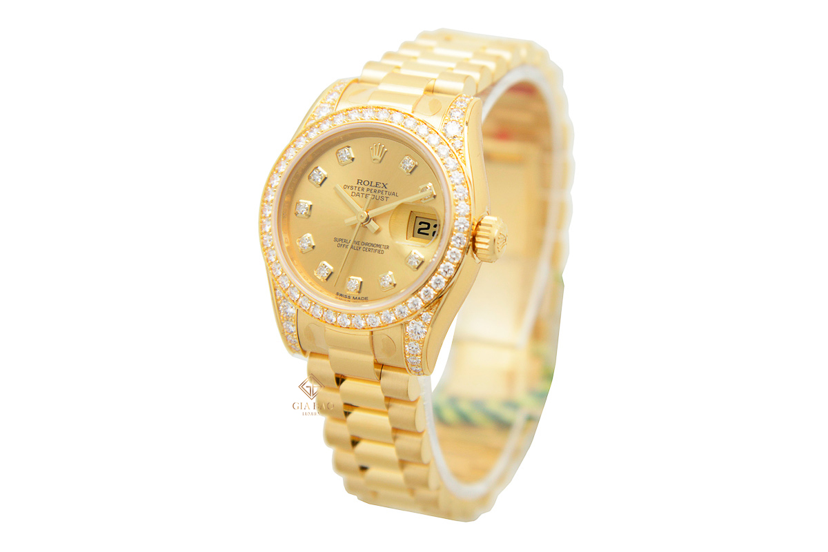 Đồng Hồ Rolex Lady-Datejust 179158 Mặt Số Vàng Champagne Cọc Số Kim Cương