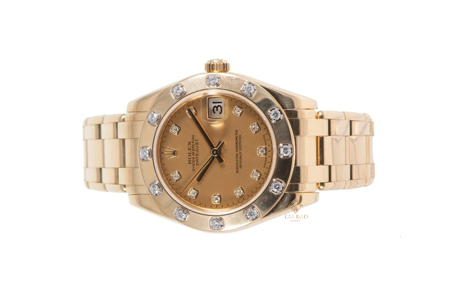 Đồng Hồ Rolex Pearlmaster 34 81318 Mặt Số Vàng Champagne Cọc Số Kim Cương