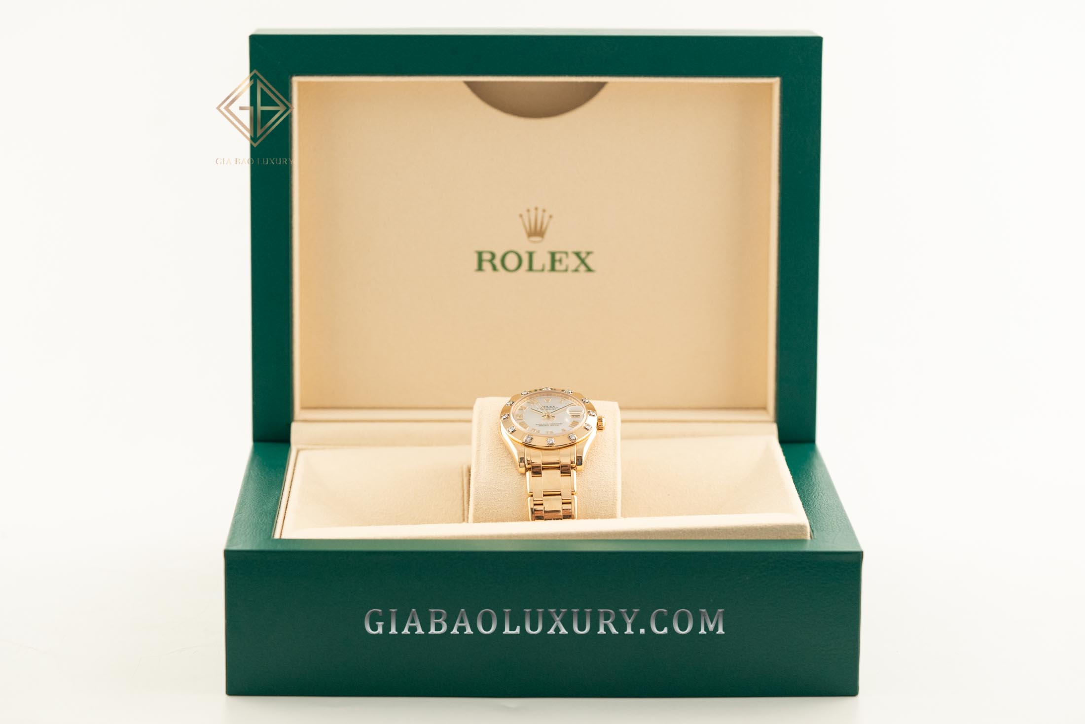 Đồng Hồ Rolex Pearlmaster 34 81318 Mặt Số Vỏ Trai Trắng Cọc Số La Mã