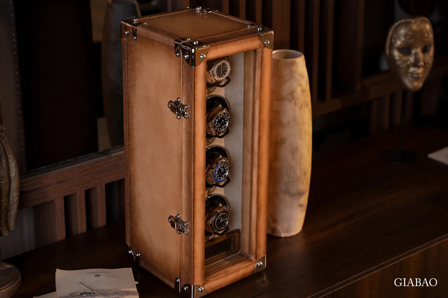 Hộp quay đồng hồ Bosphorus Leather PATINA HONEY BROWN