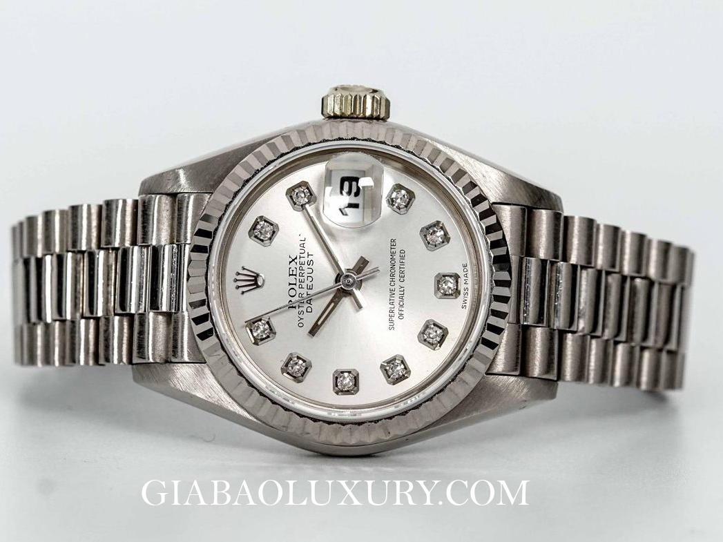 Đồng Hồ Rolex Lady Datejust 69179 Mặt Số Bạc Nạm Kim Cương