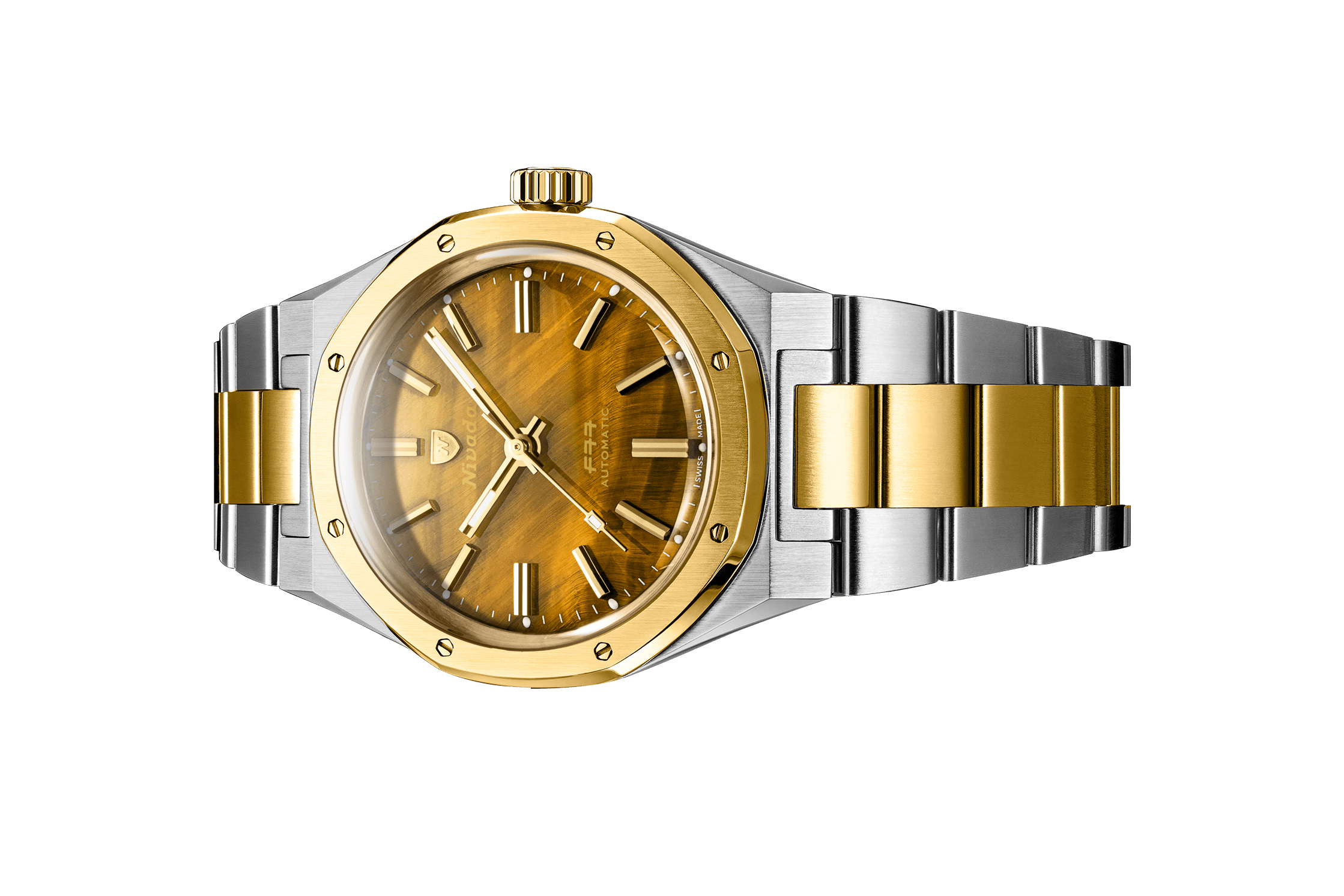 Đồng hồ đeo tay thương hiệu Nivada Grenchen, dòng sản phẩm F77, Ref number: 68033A77, mặt số Tiger Eye Bicolor Mark I, size 37mm, máy tự động, vỏ và dây đồng hồ bằng thép 316L, mới 100%