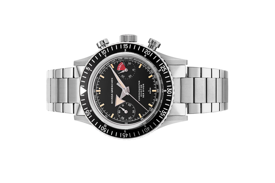 Đồng hồ đeo tay thương hiệu Nivada Grenchen, dòng sản phẩm Chronomaster Broad Arrow, Ref no: 86056M, mặt số màu đen, size 38mm, lên dây cót bằng tay, vỏ và dây đồng hồ bằng thép không gỉ, mới 100%