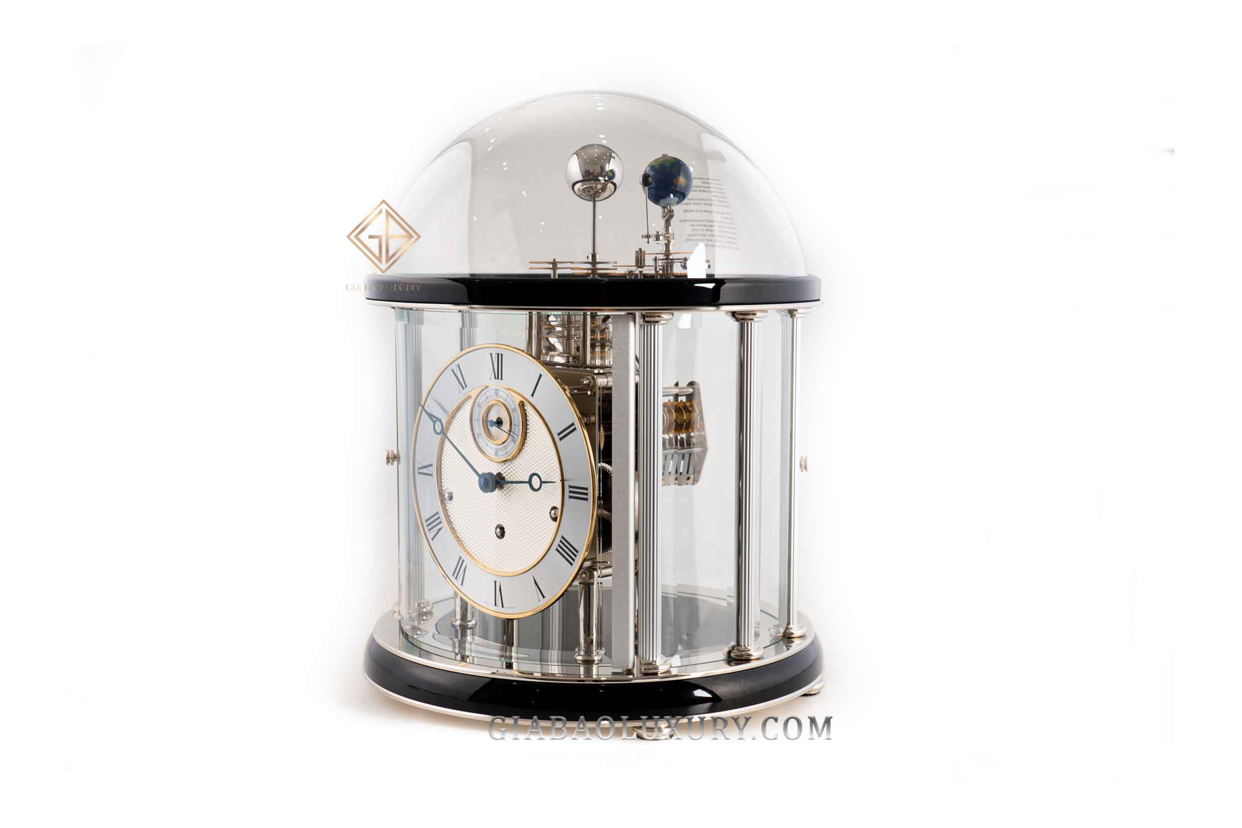 Đồng hồ dây cót để bàn Hermle Tellurium II (Nickel Plated in a Black Finish with a Mechanical 8 day westminster Chiming Movement). Item no: 22823740352. HSX: Hermle. Hàng mới 100%