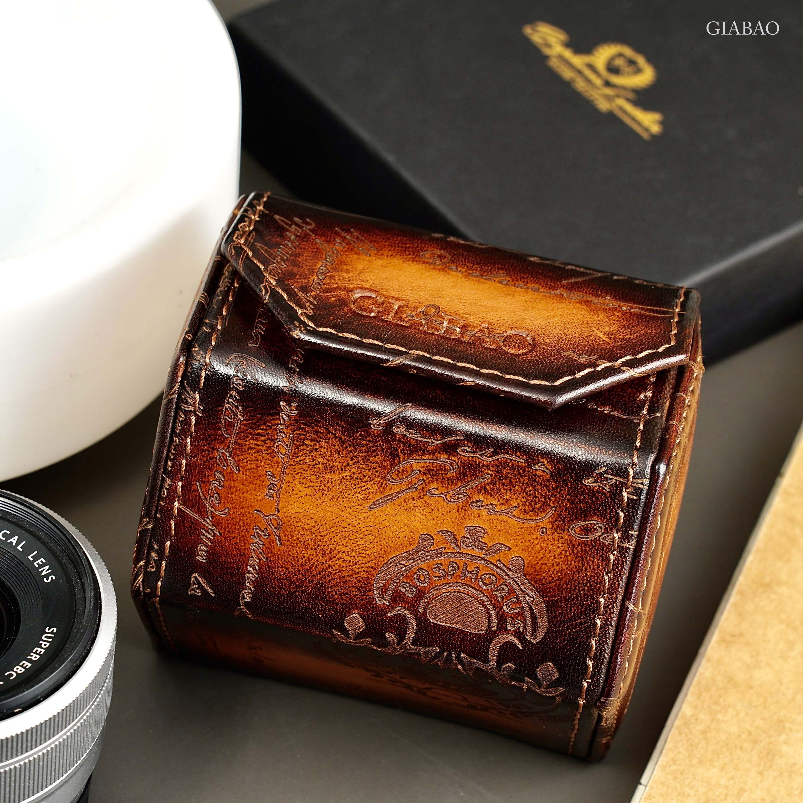 Hộp Travel Box 1 Ngăn Bosphorus Leather x Gia Bao Hexagon Parchment Patina Màu Nâu Sáng