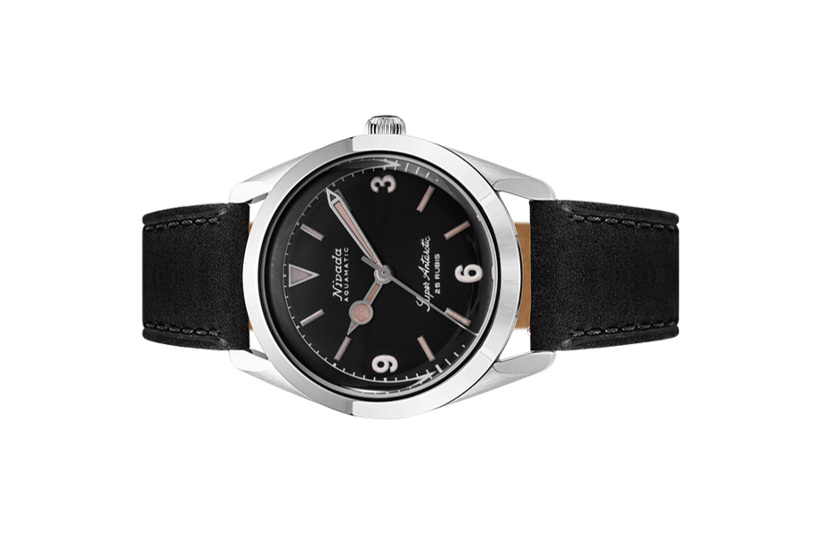 Đồng hồ đeo tay thương hiệu Nivada Grenchen, dòng sản phẩm Super Antarctic 3.6.9, Ref num 32032A, mặt số đen mờ, size 38mm, máy tự động, vỏ bằng thép không gỉ 316L, dây da bò, mới 100%