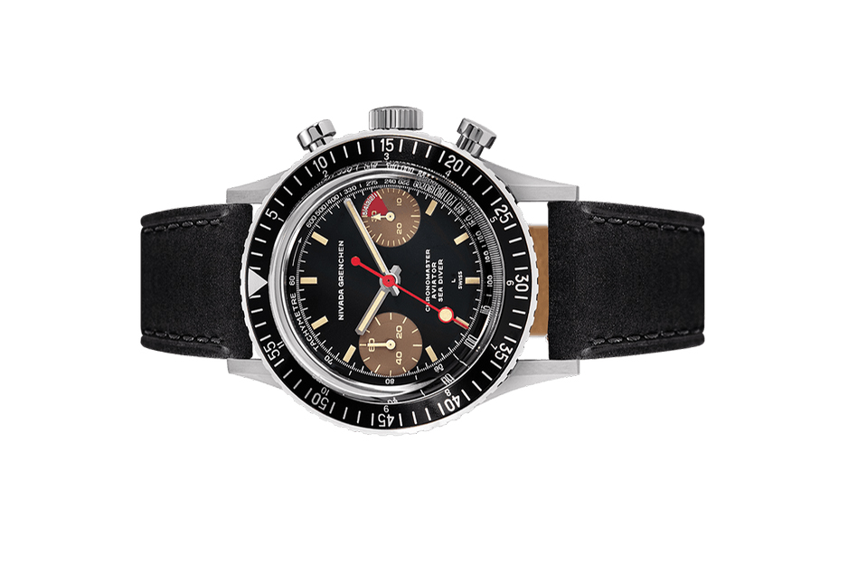 Đồng hồ đeo tay thương hiệu Nivada Grenchen, dòng sản phẩm Chronomaster Lollipop Honey, Ref no: 85008M, mặt số màu đen, size 38mm, lên dây cót bằng tay, vỏ đồng hồ bằng thép không gỉ và dây da bò, mới 100%