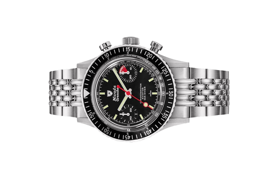 Đồng hồ đeo tay thương hiệu Nivada Grenchen, dòng sản phẩm Chronomaster Lollipop, Ref no: 86011M, mặt số màu đen, size 38mm, lên dây cót bằng tay, vỏ và dây đồng hồ bằng thép không gỉ, mới 100%