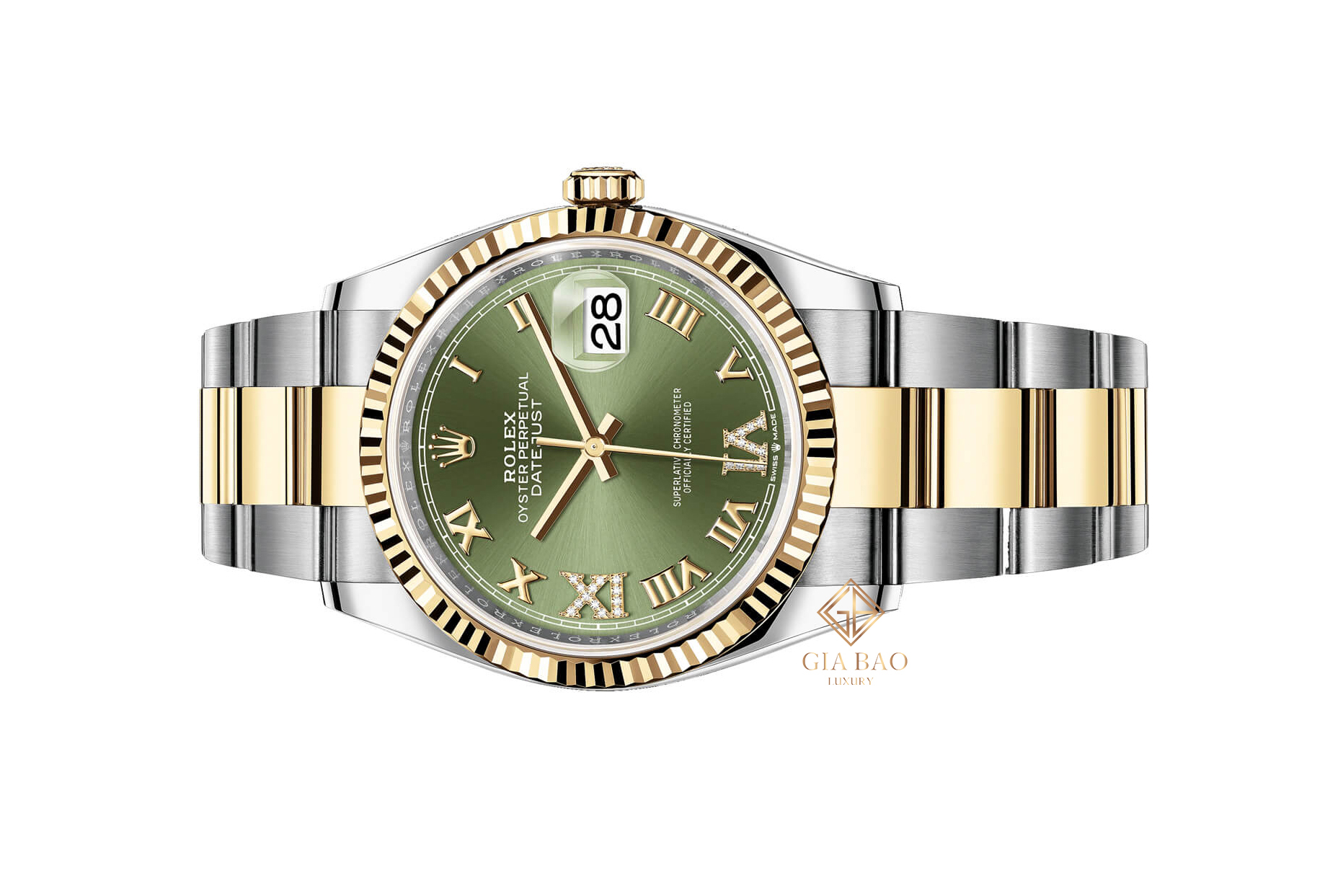 Đồng Hồ Rolex Datejust 36 126233 Mặt Số Xanh Oliu Cọc Số La Mã Nạm Kim Cương Dây Đeo Oyster