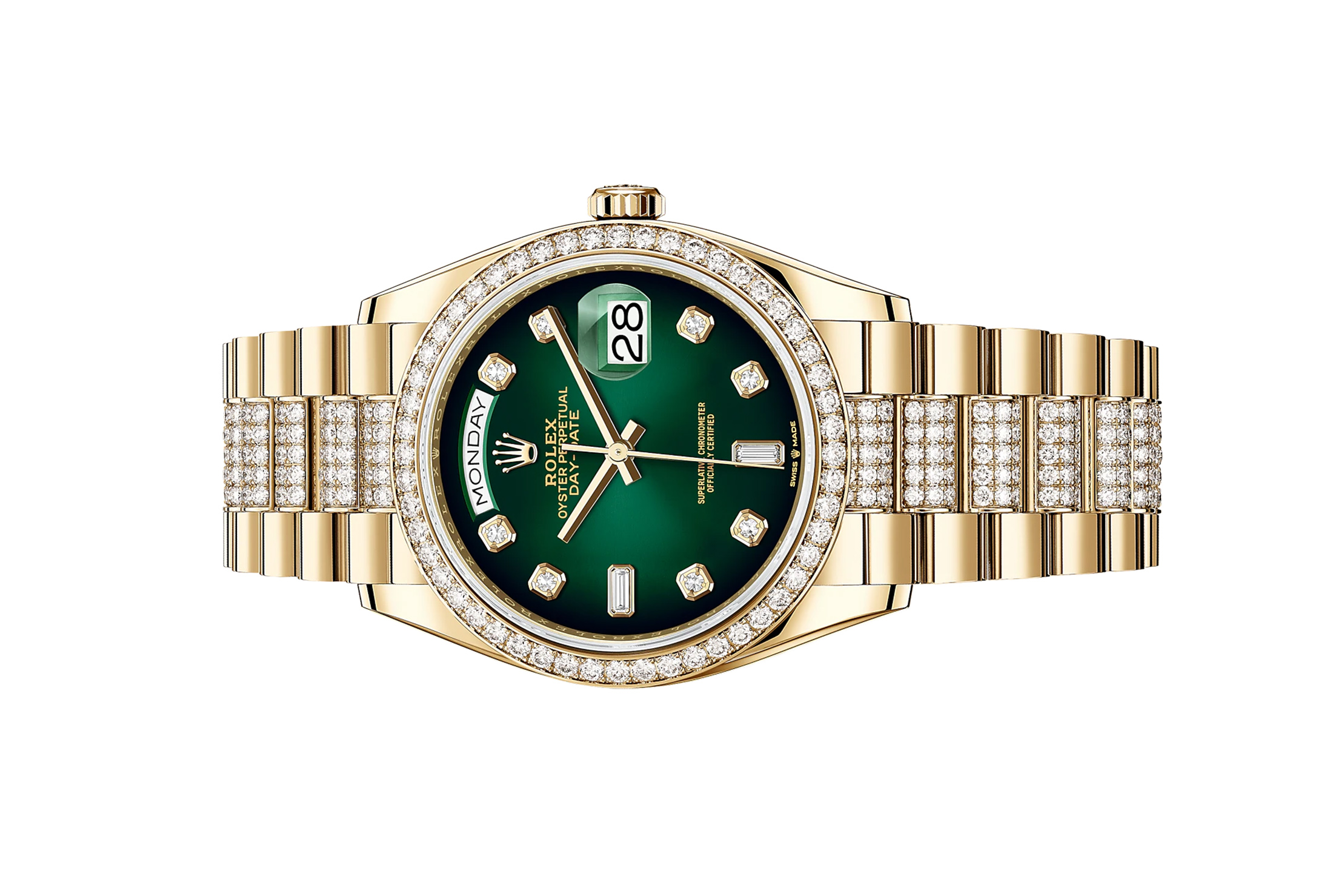 Đồng Hồ Rolex Day-Date 36 128348RBR Mặt Số Xanh Ombré Cọc Số Và Dây Đeo President Nạm Kim Cương