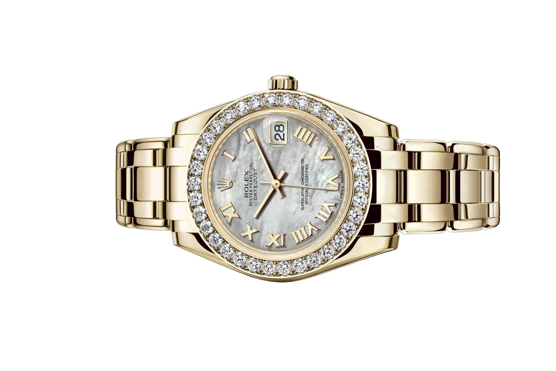 Đồng Hồ Rolex Pearlmaster 34 81298 Mặt Số Vỏ Trai Trắng Cọc Số La Mã