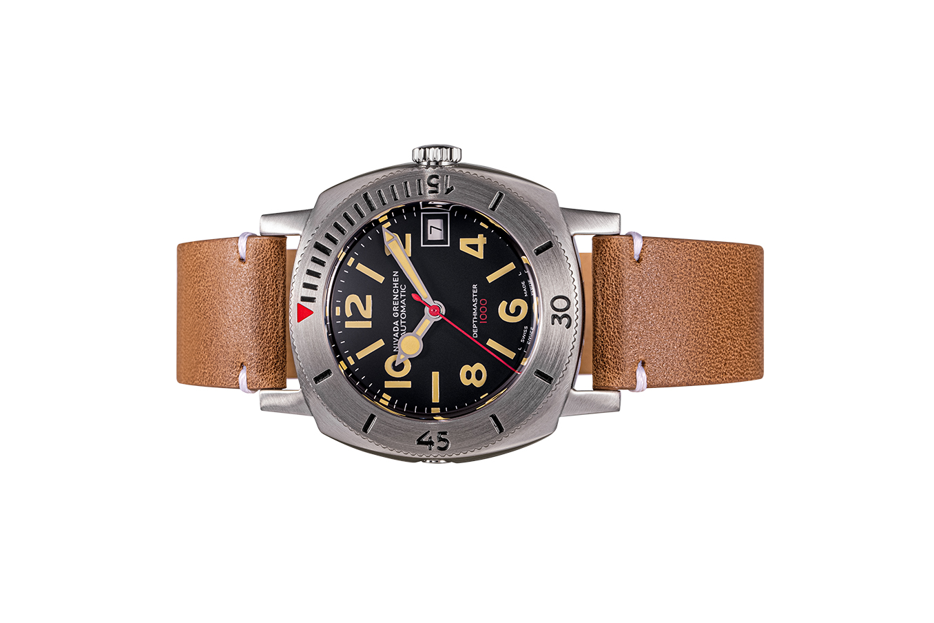 Đồng hồ đeo tay thương hiệu Nivada Grenchen, dòng sản phẩm Depthmaster - Numerals Date, Ref number: 14106A, mặt số đen nhạt, size 39mm, máy tự động, vỏ đồng hồ bằng thép không gỉ 316, dây da bò, mới 100%