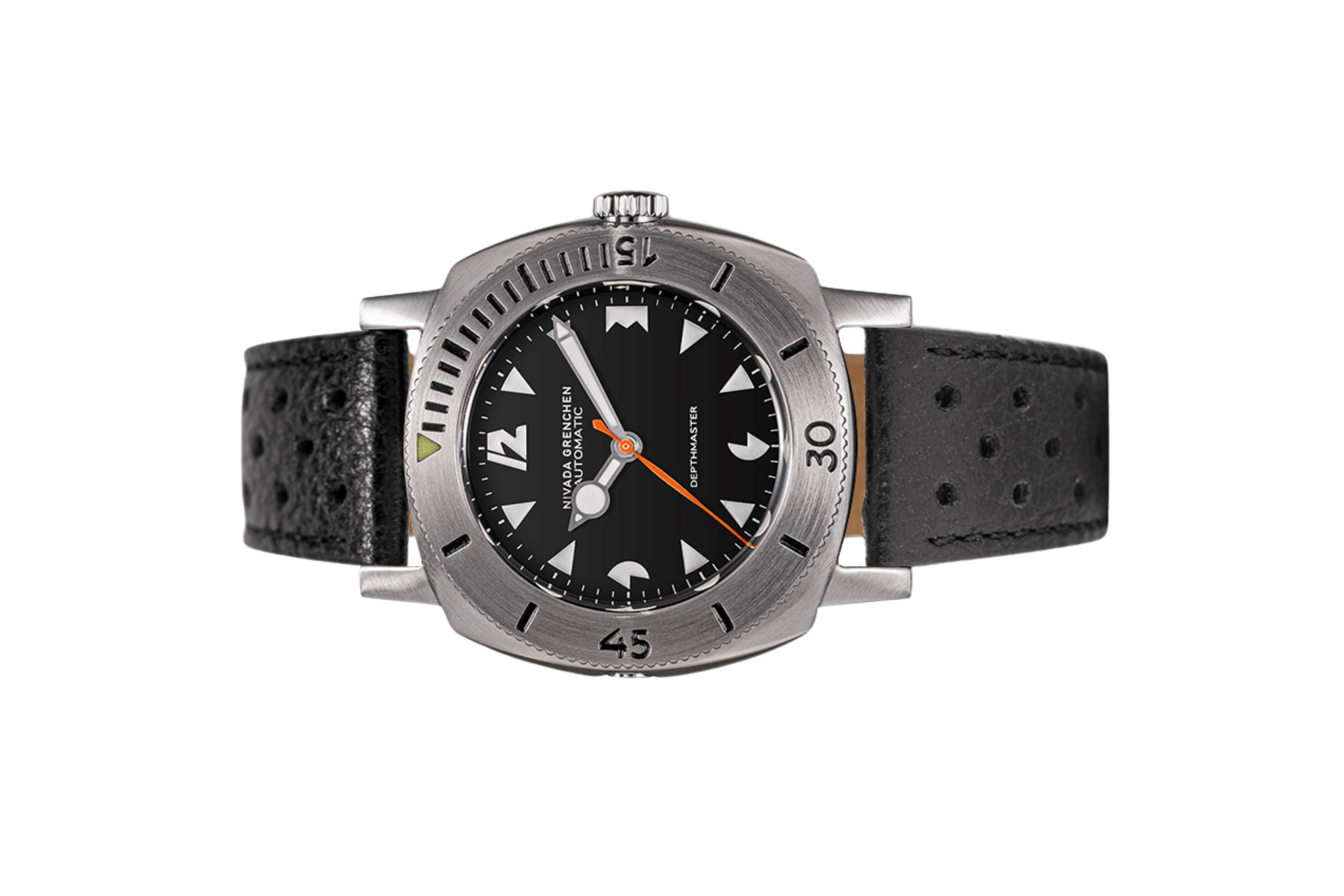 Đồng hồ đeo tay thương hiệu Nivada Grenchen, dòng sản phẩm Depthmaster, Ref number: 14102A, mặt số đen, size 39mm, máy tự động, vỏ thép không gỉ 316, dây da bò, mới 100%