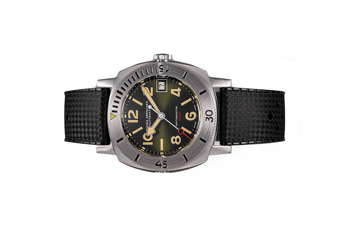 Đồng hồ đeo tay thương hiệu Nivada Grenchen, dòng sản phẩm Depthmaster, Ref number: 14103A01, mặt số màu xanh lá chải tia size 39mm, máy tự động,dây cao su,vỏ thép không gỉ 316,mới 100%