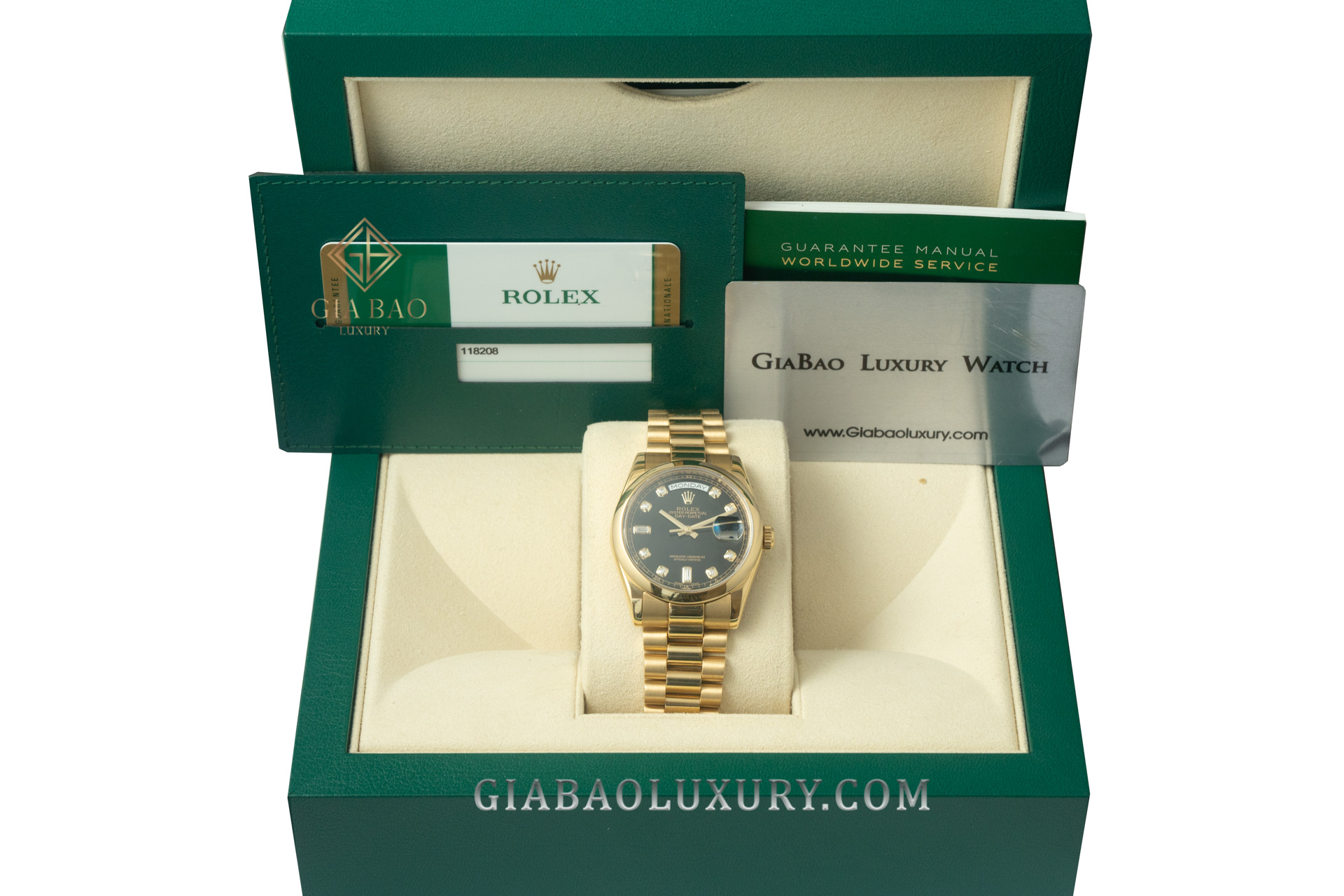 Đồng hồ Rolex Day-Date 36 118208 Mặt Số Đen Cọc Số Kim Cương