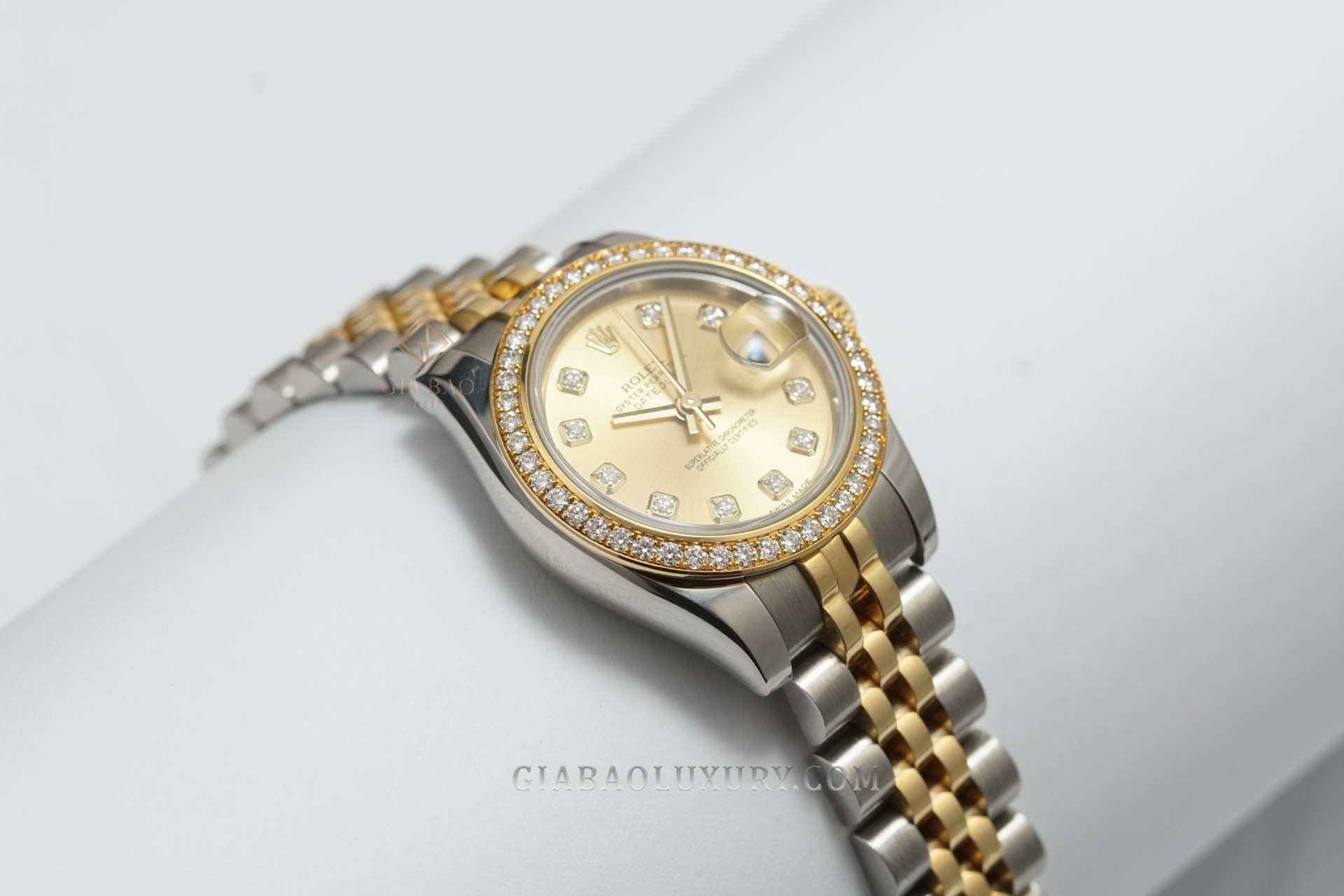 Đồng Hồ Rolex Lady-Datejust 26 179383 Mặt Số Vàng Champagne Cọc Số Kim Cương