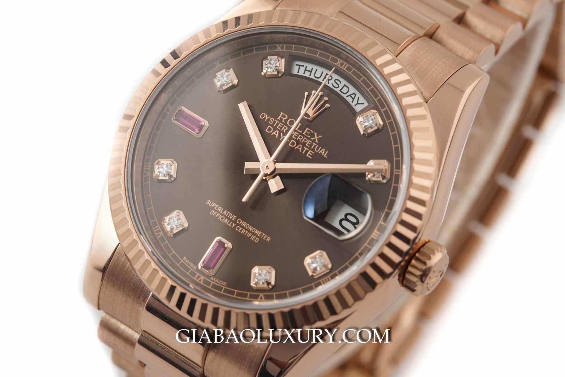 Đồng hồ Rolex Day-Date 36 118235 Mặt Số Chocolate Đá Ruby Đỏ