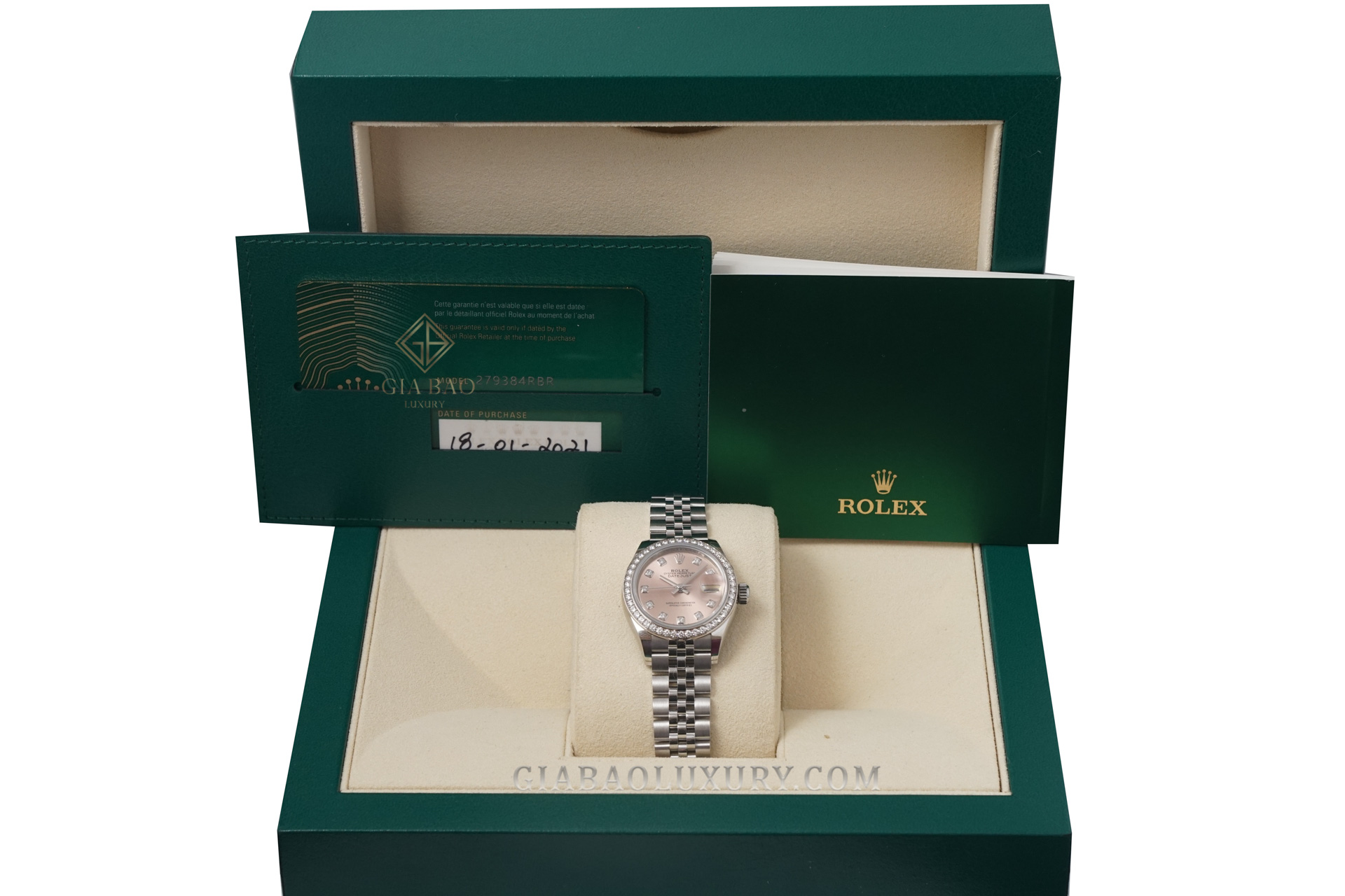 Đồng Hồ Rolex Datejust 28 279384 Mặt Số Hồng Nạm Kim Cương