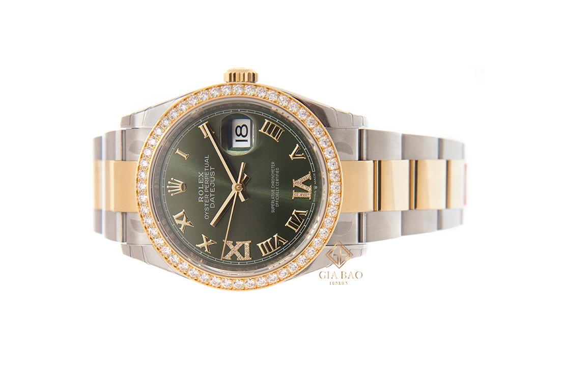 Đồng Hồ Rolex Datejust 36 126283RBR Mặt Số Xanh Oliu Cọc Số La Mã Nạm Kim Cương Dây Đeo Oyster